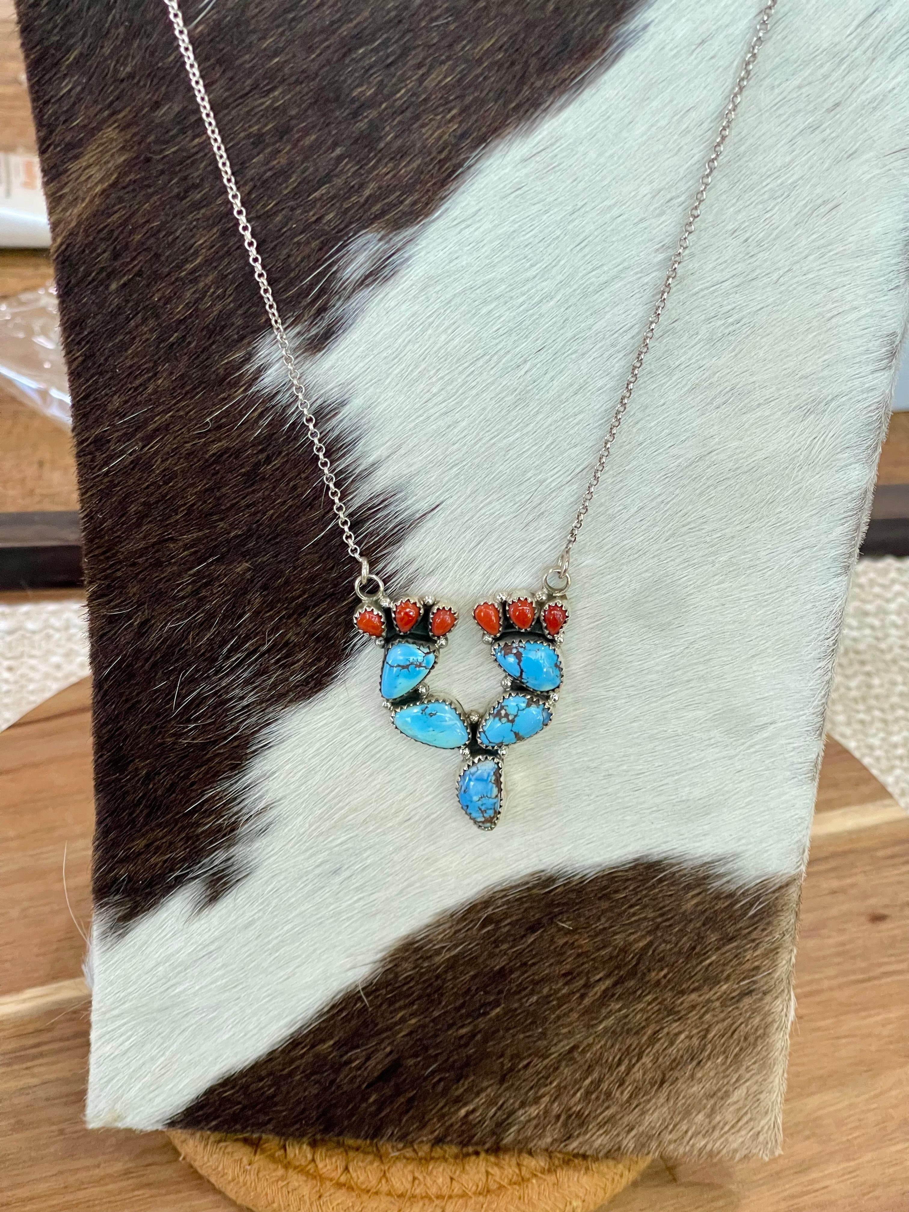 Handmade Sterling Silver, Golden Hills Turquoise & Coral Necklace Signed Nizhoni