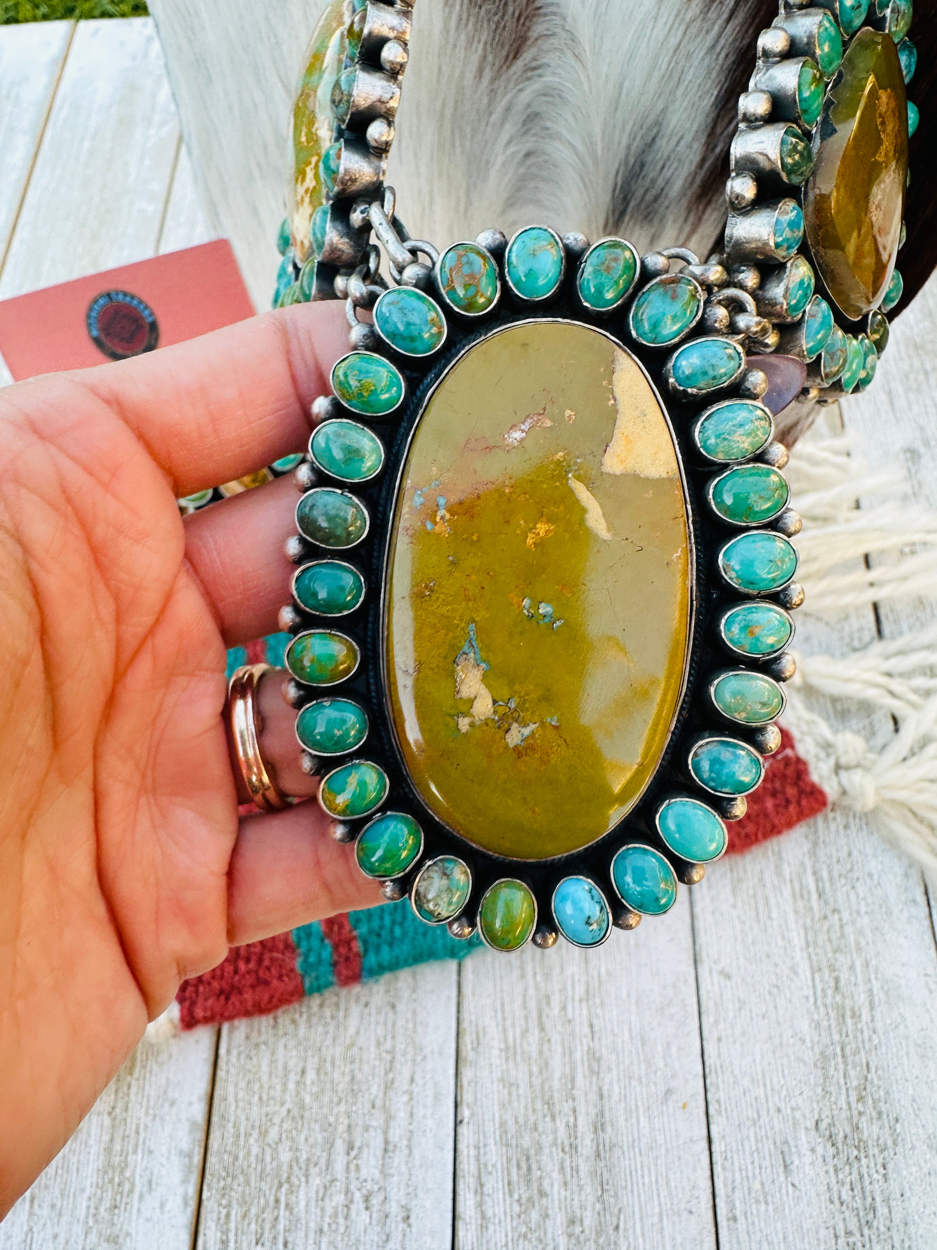 Handcrafted Royston, Kingman Turquoise & Sterling Silver Necklace and Earring Set by Blaine Yellowhorse