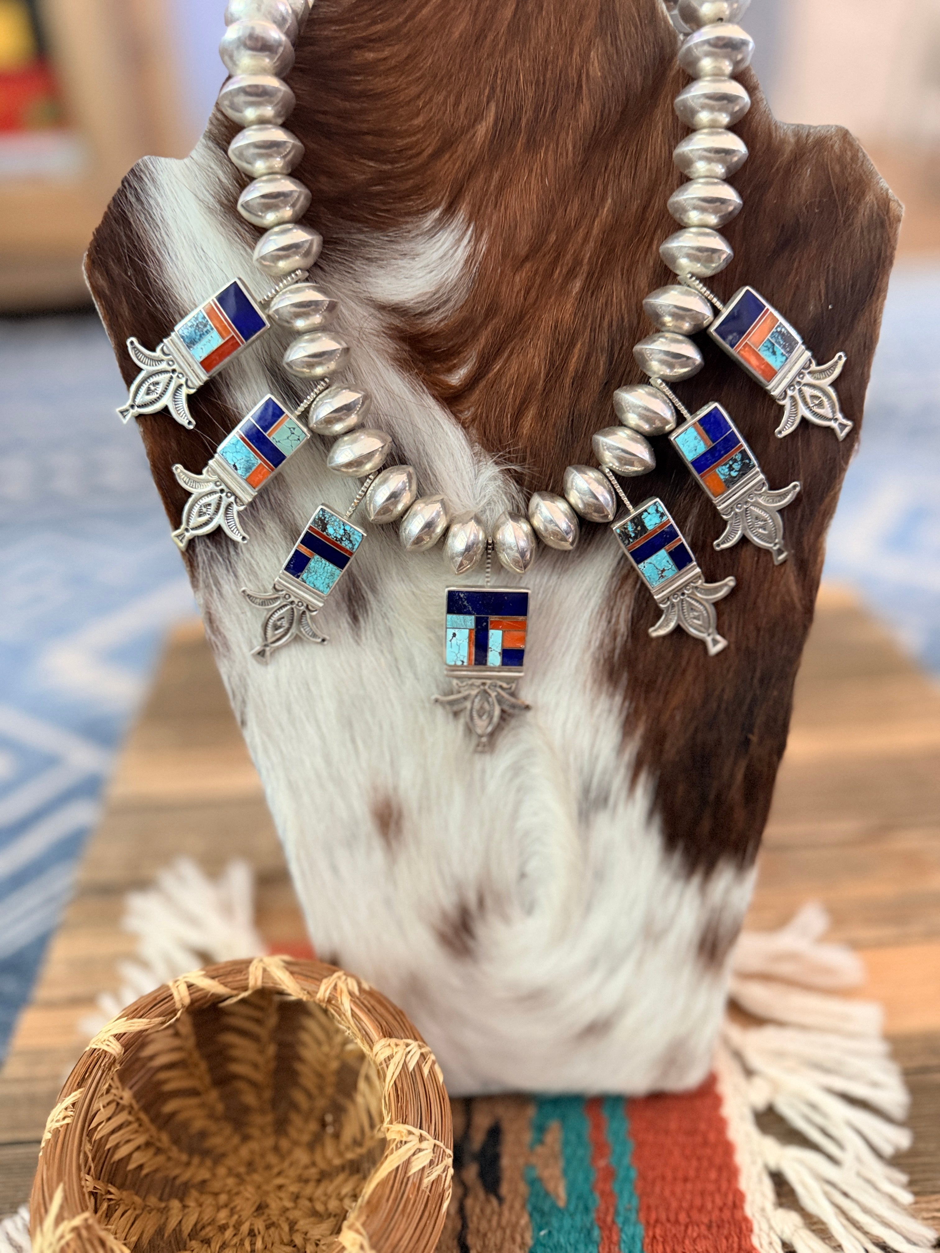 Handcrafted Sterling Silver & Multi Stone Inlay Beaded Necklace