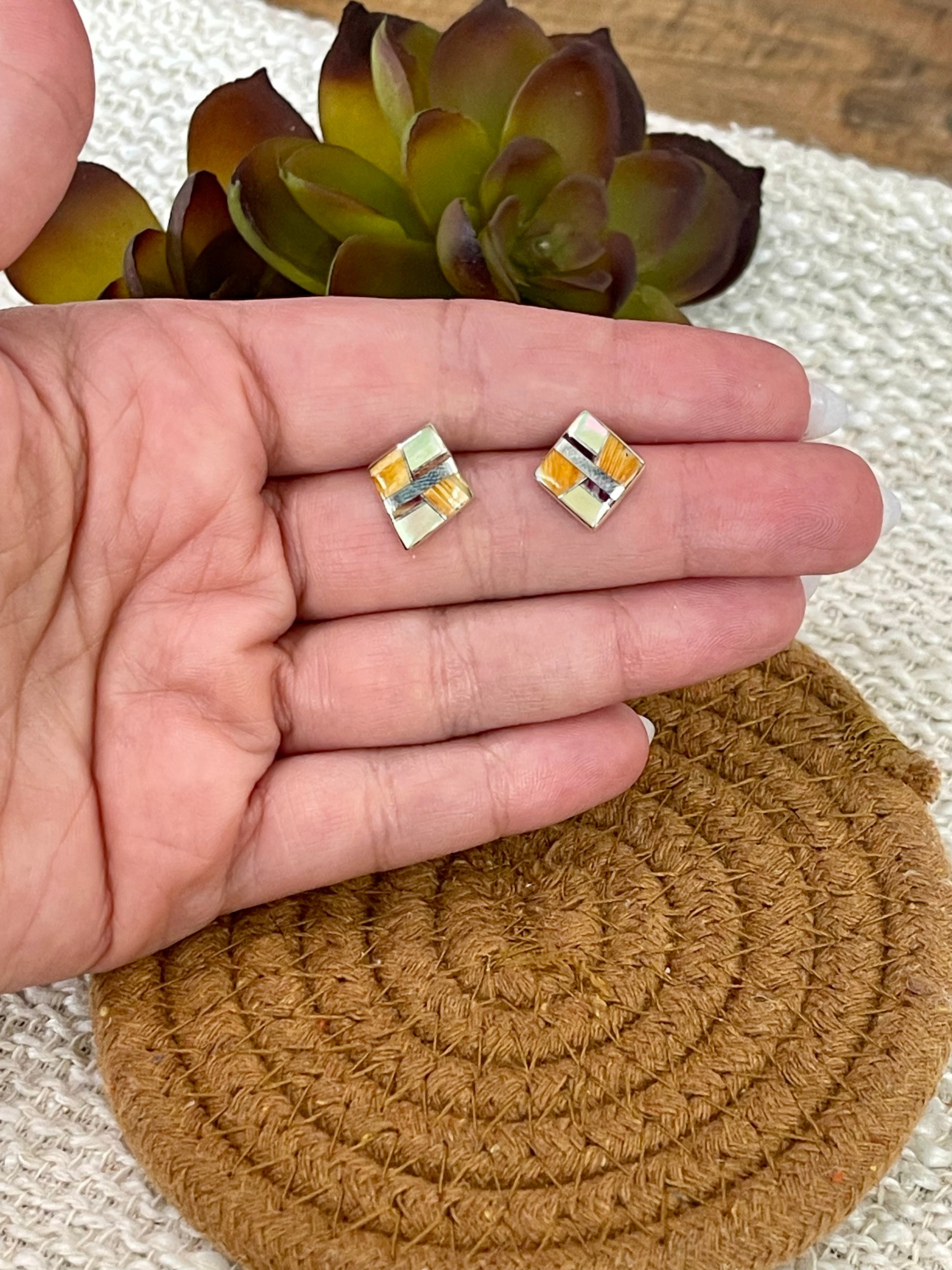 Gorgeous Handmade Sterling Silver & Multi Stone Inlay Stud Earrings