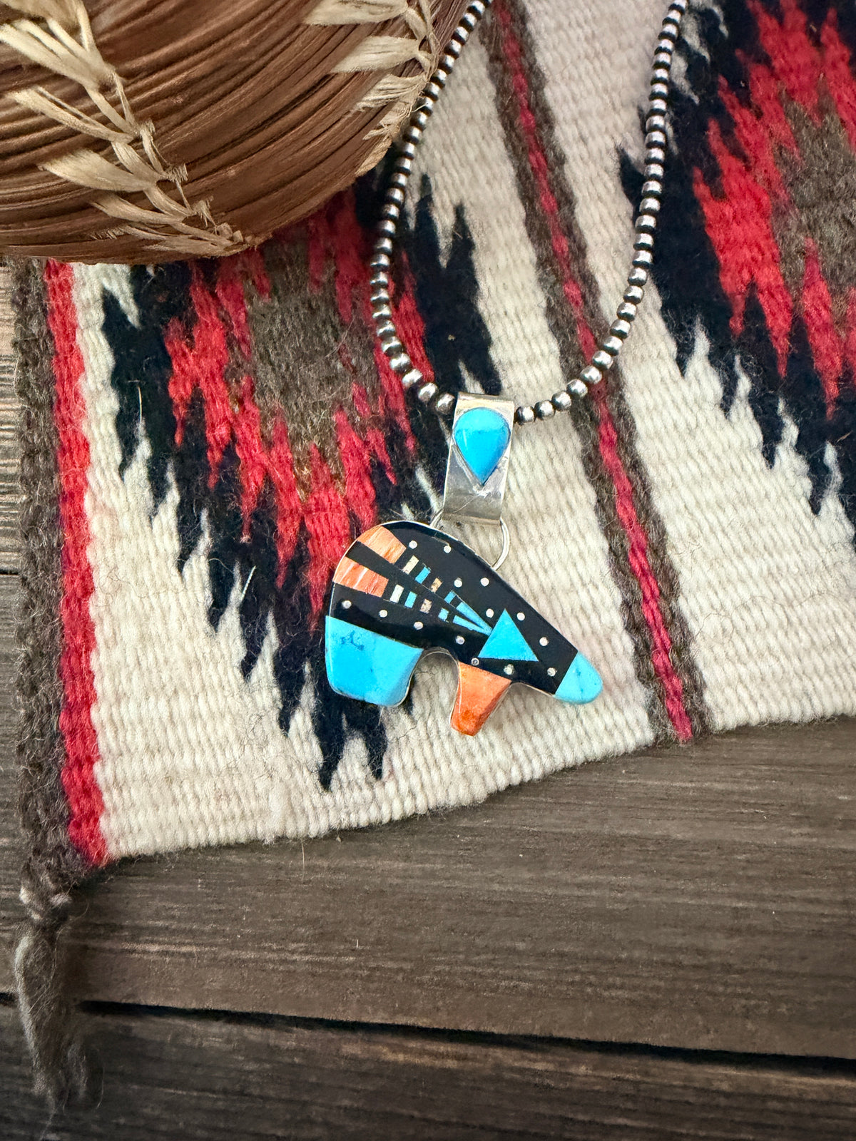 Handcrafted Sterling Silver and Multi Stone Inlay Bear Pendant by Ray Jack
