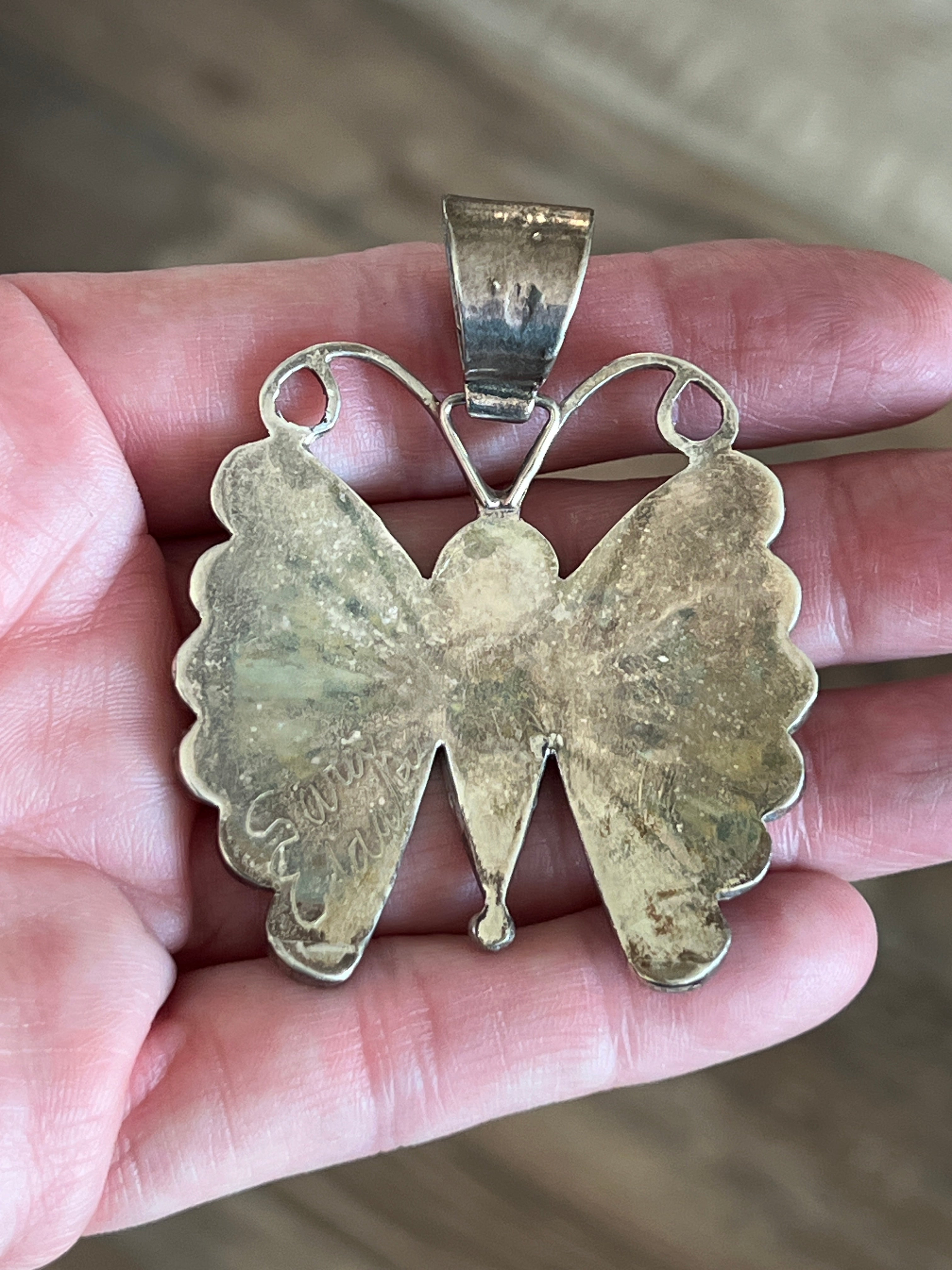 Vintage Handcrafted Sterling Silver, Turquoise, Spiny Oyster Shell and Jet Inlay Butterfly Pendant by Sara Edaakie