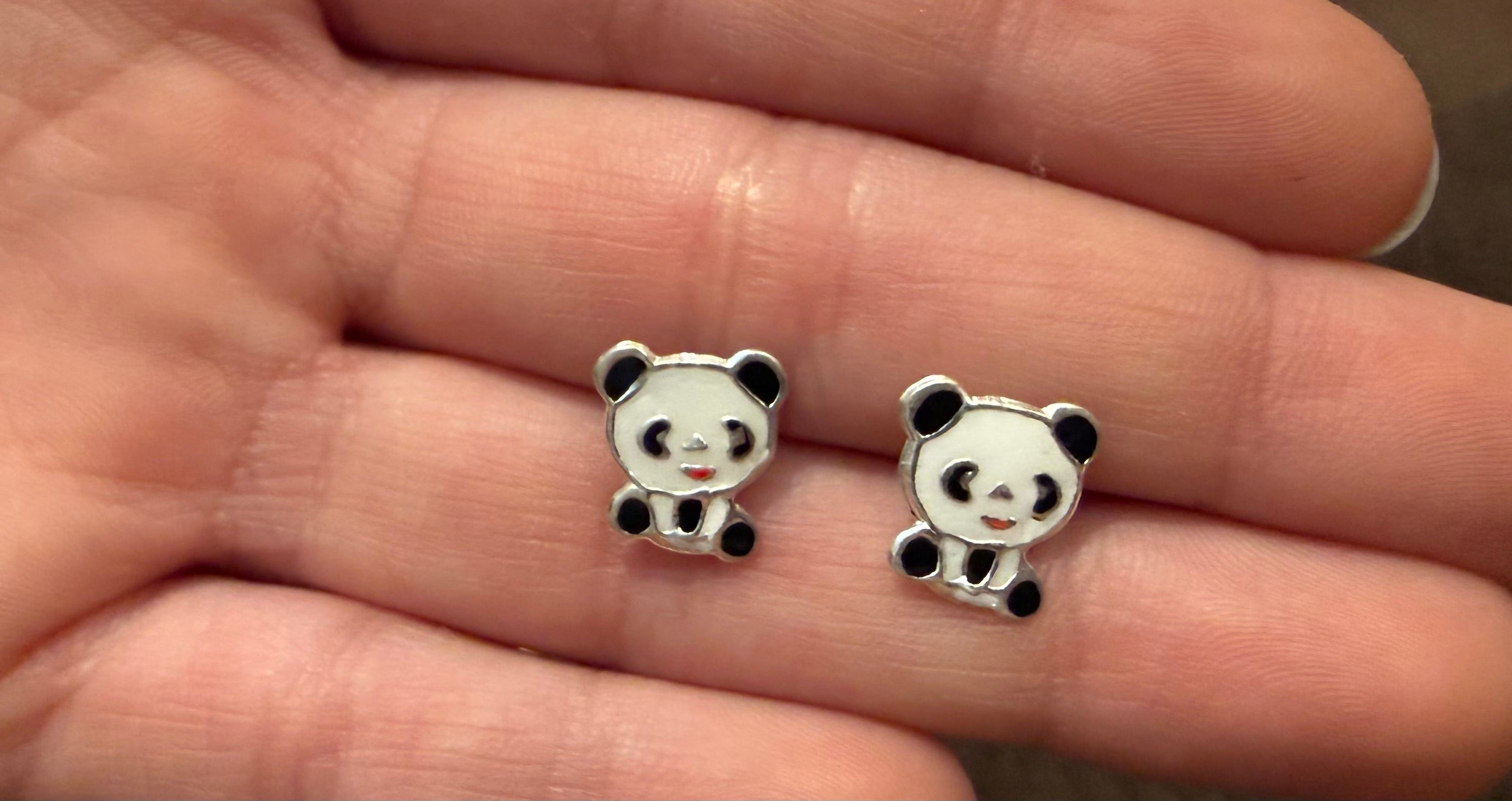 Panda Bear Sterling Silver Stud Earrings