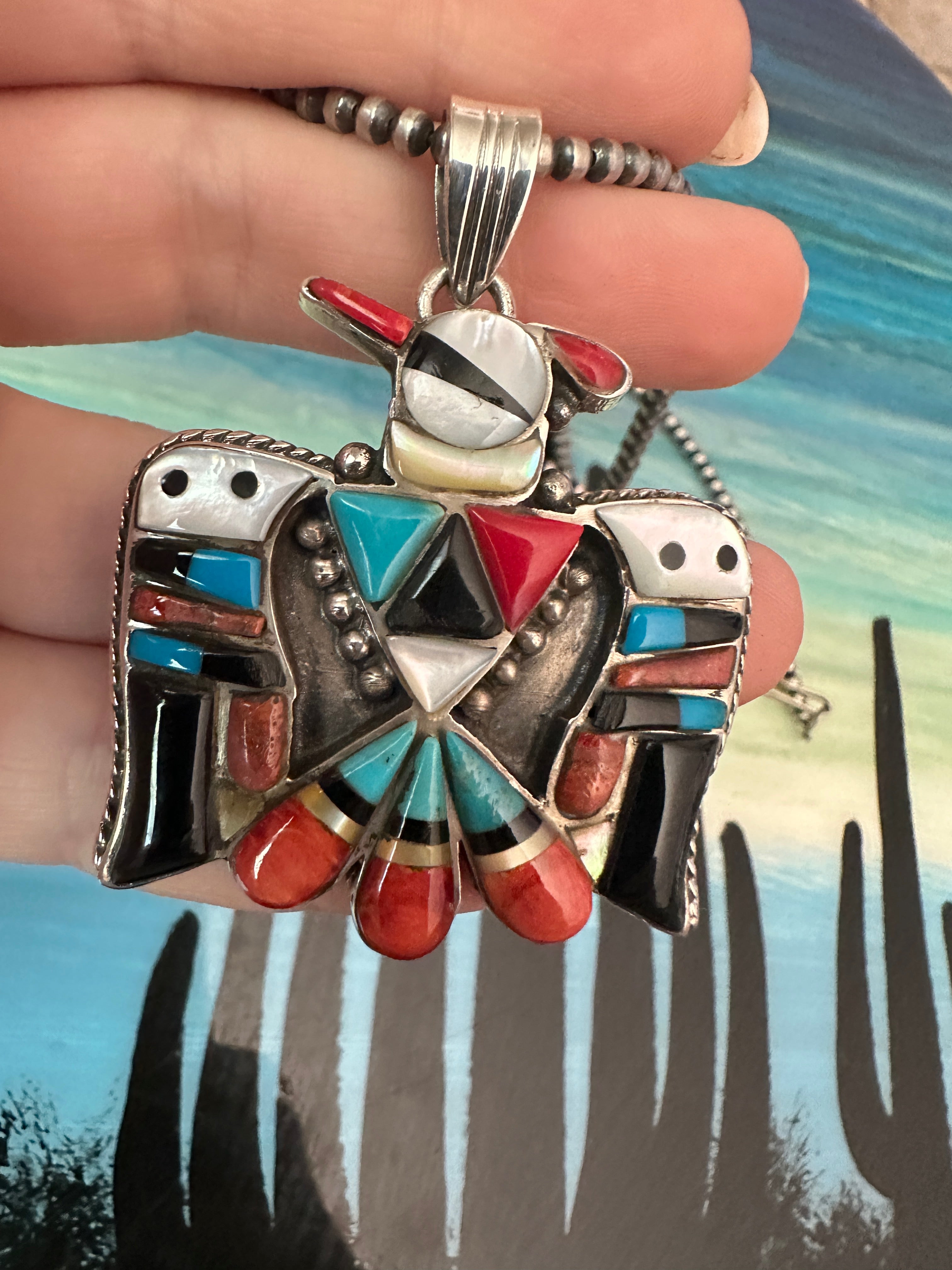 Handmade Sterling Silver Multi Stone Inlay Thunderbird Pendant Signed Nizhoni