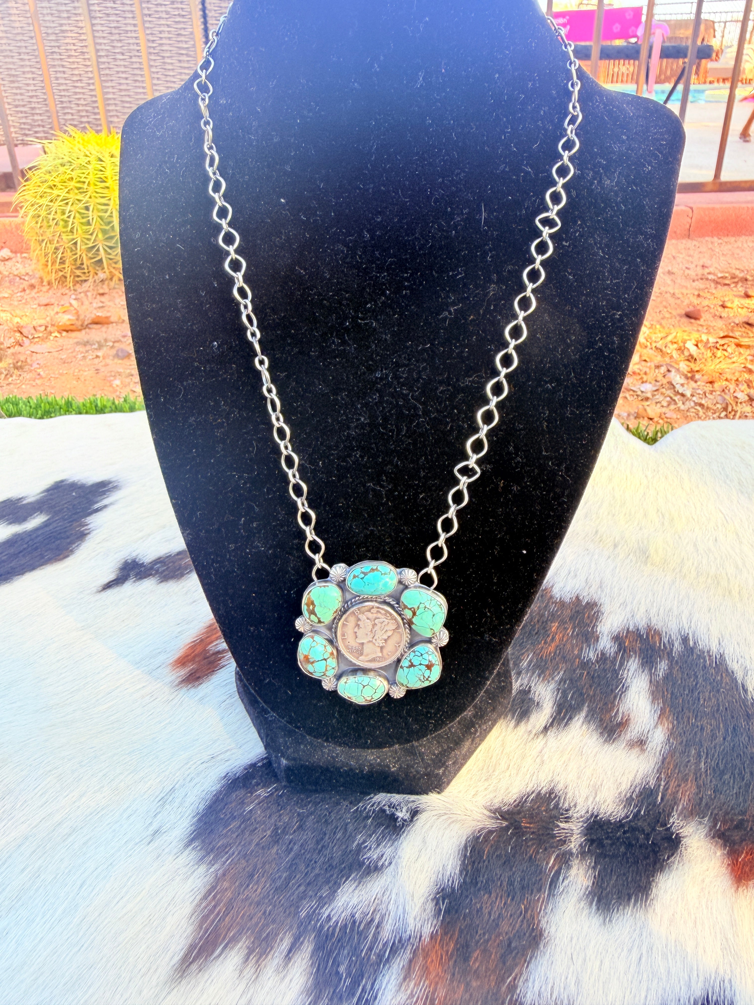 Handcrafted Number 8 Turquoise & Sterling Silver Liberty Dime Necklace by Sheila Tso
