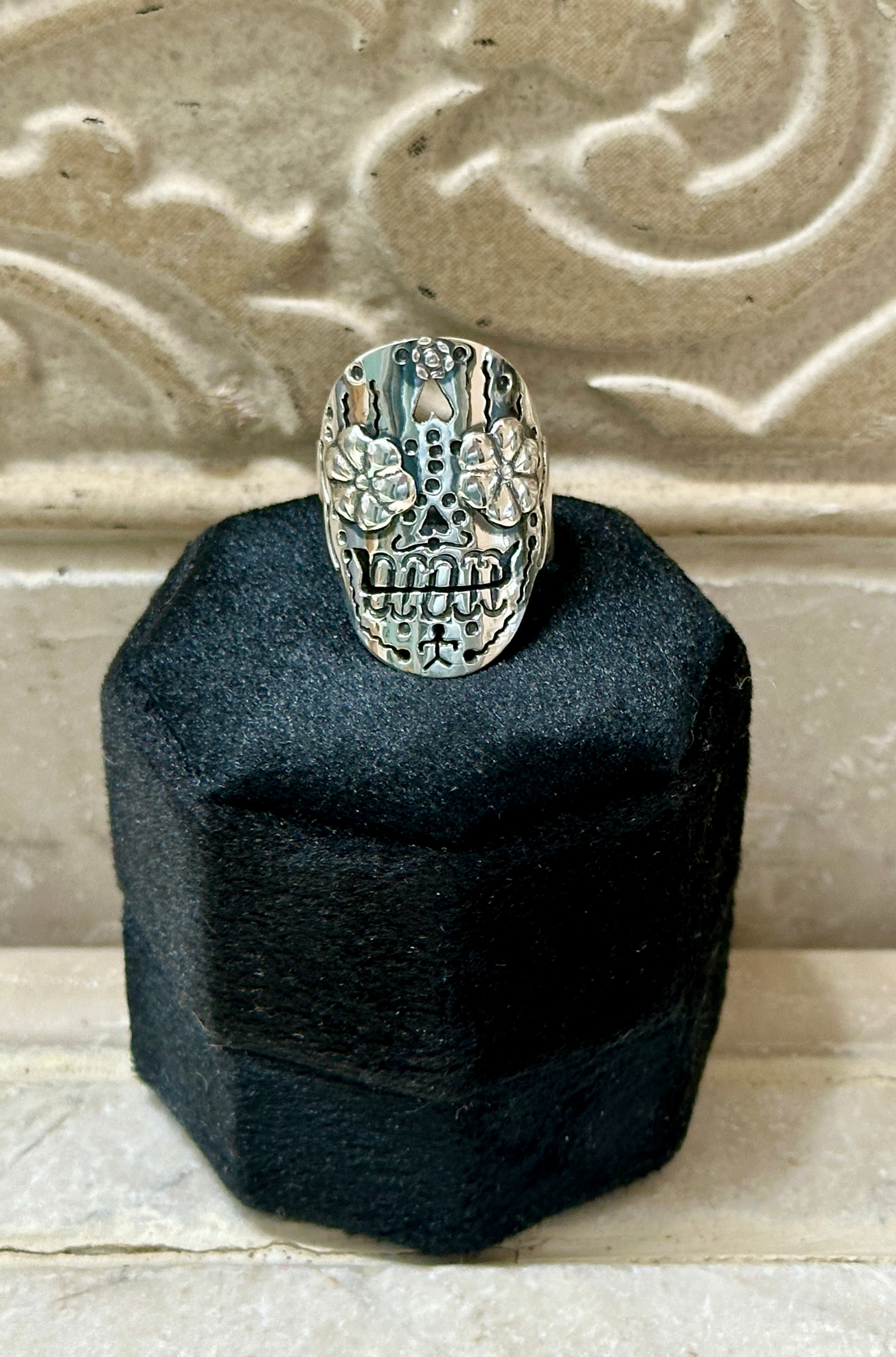 Sugar Skull Sterling Silver Ring Adjustable up to 2 sizes