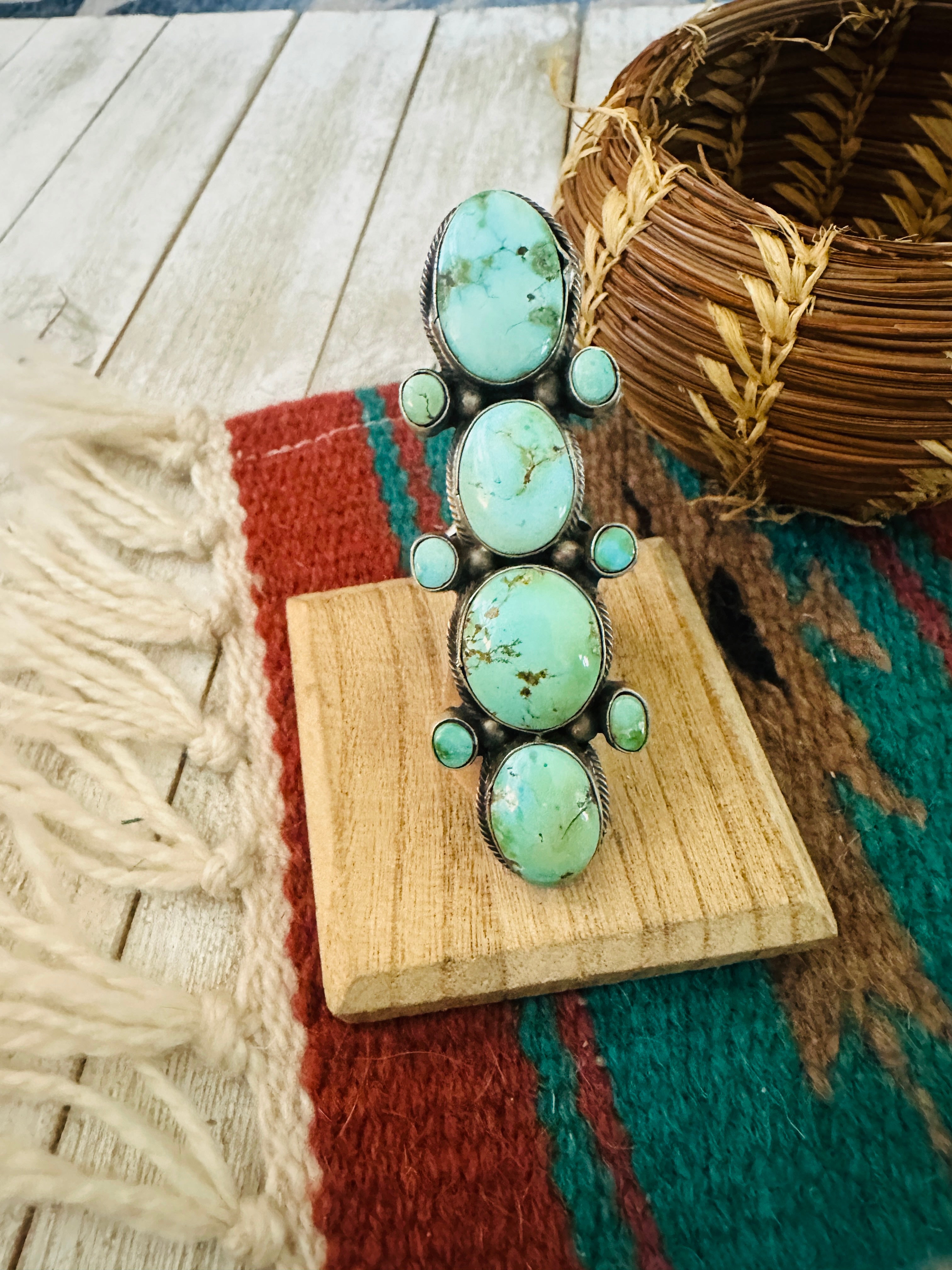 Navajo Turquoise & Sterling Silver Cluster Ring by Bobby Johnson, Size 9