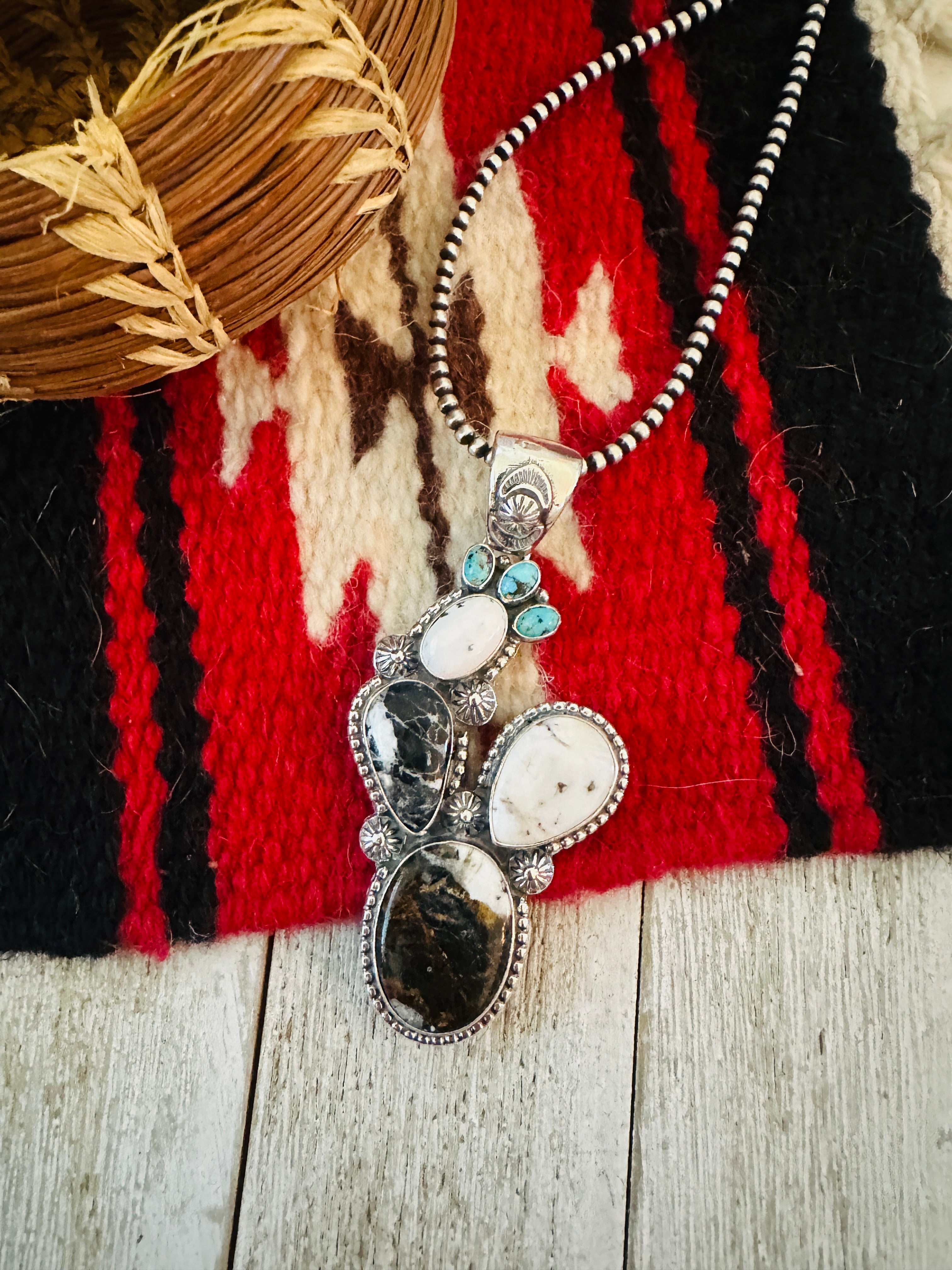 Handcrafted Sterling Silver, White Buffalo & Turquoise Cactus Pendant