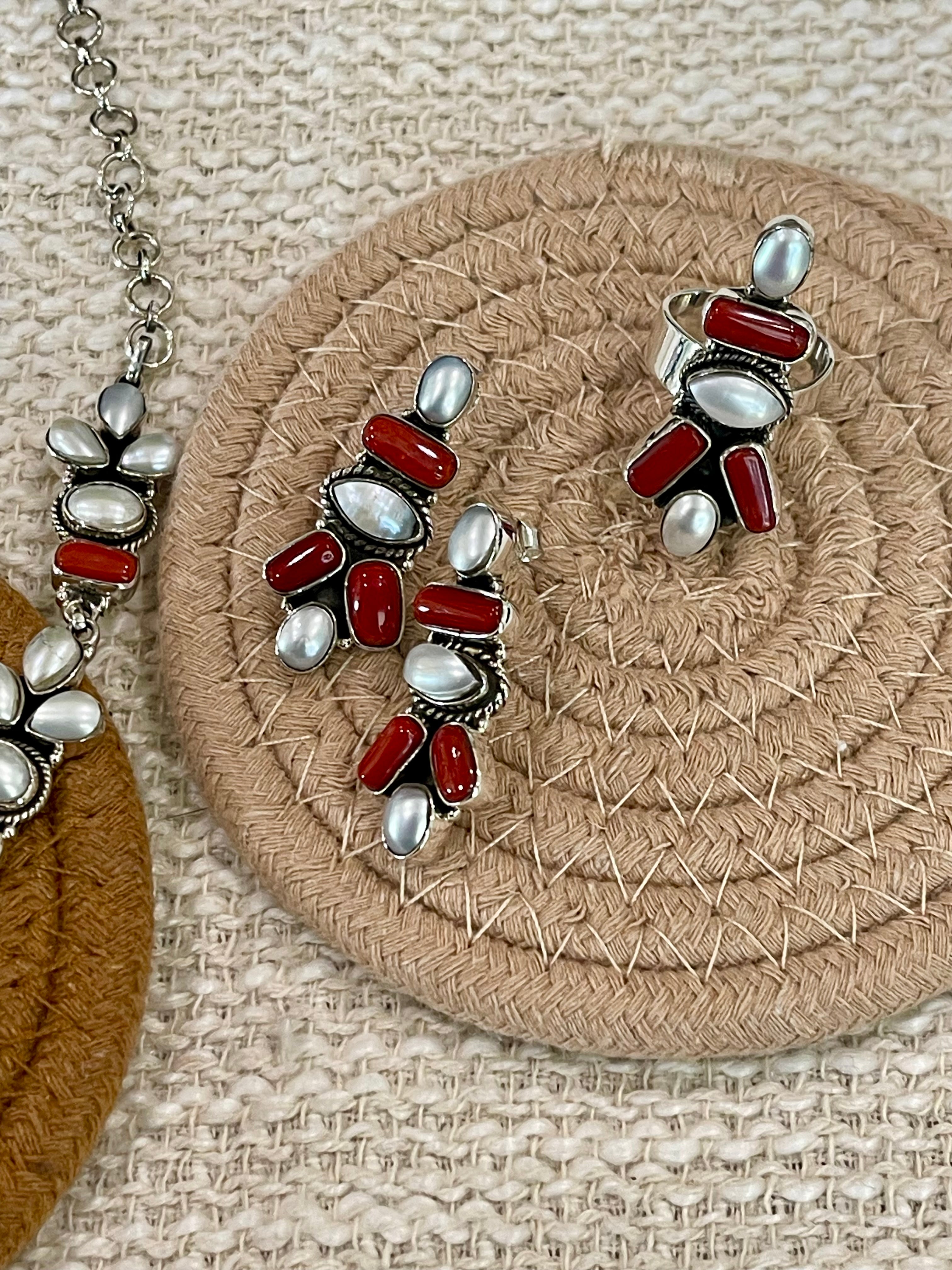 ** 4TH OF JULY ** Handmade Sterling , Silver Synthetic Opal & Coral Necklace, Earring & Ring Set with Signed Nizhoni