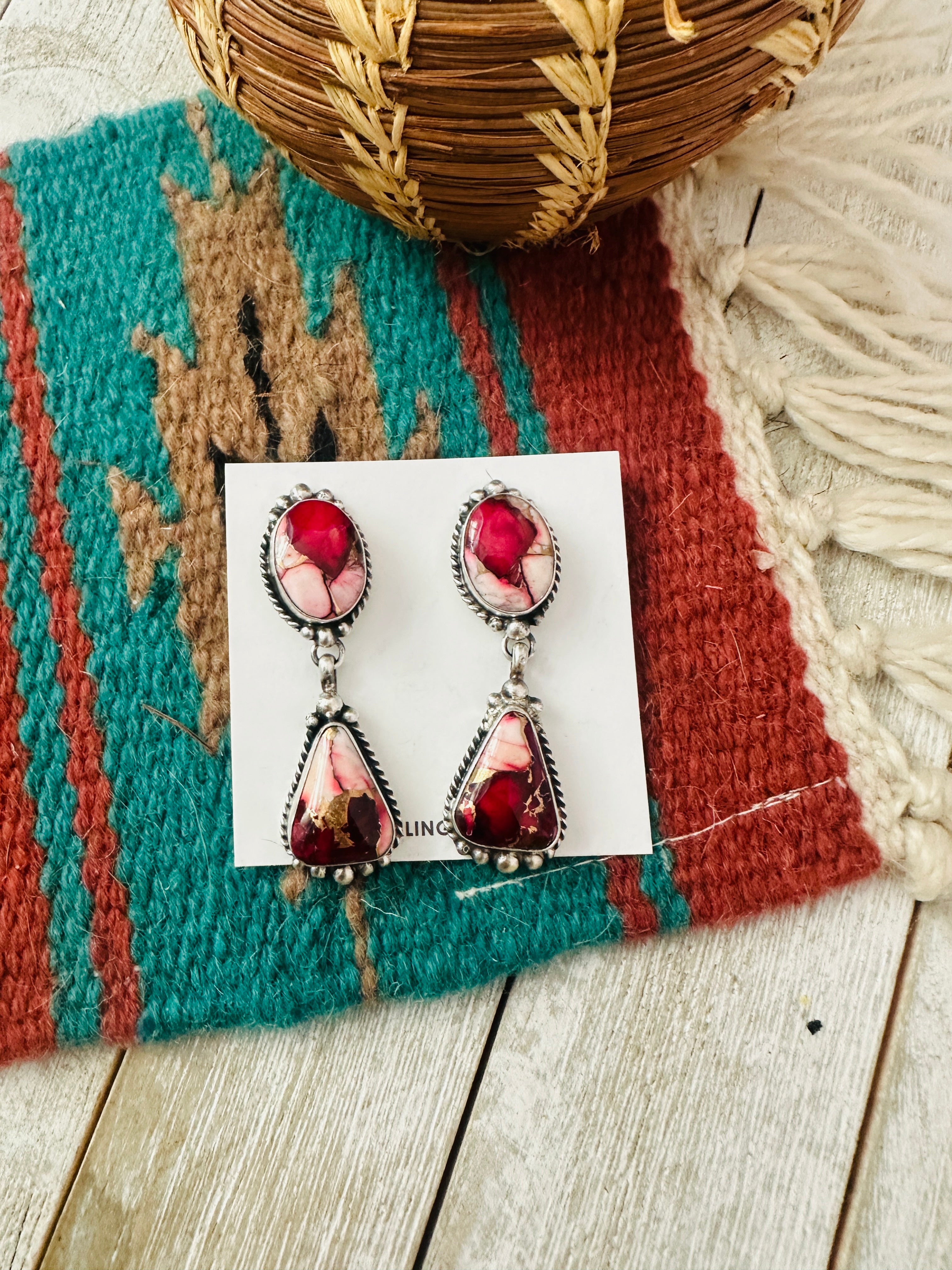 Navajo Rose Dahlia and Sterling Silver Dangle Earrings