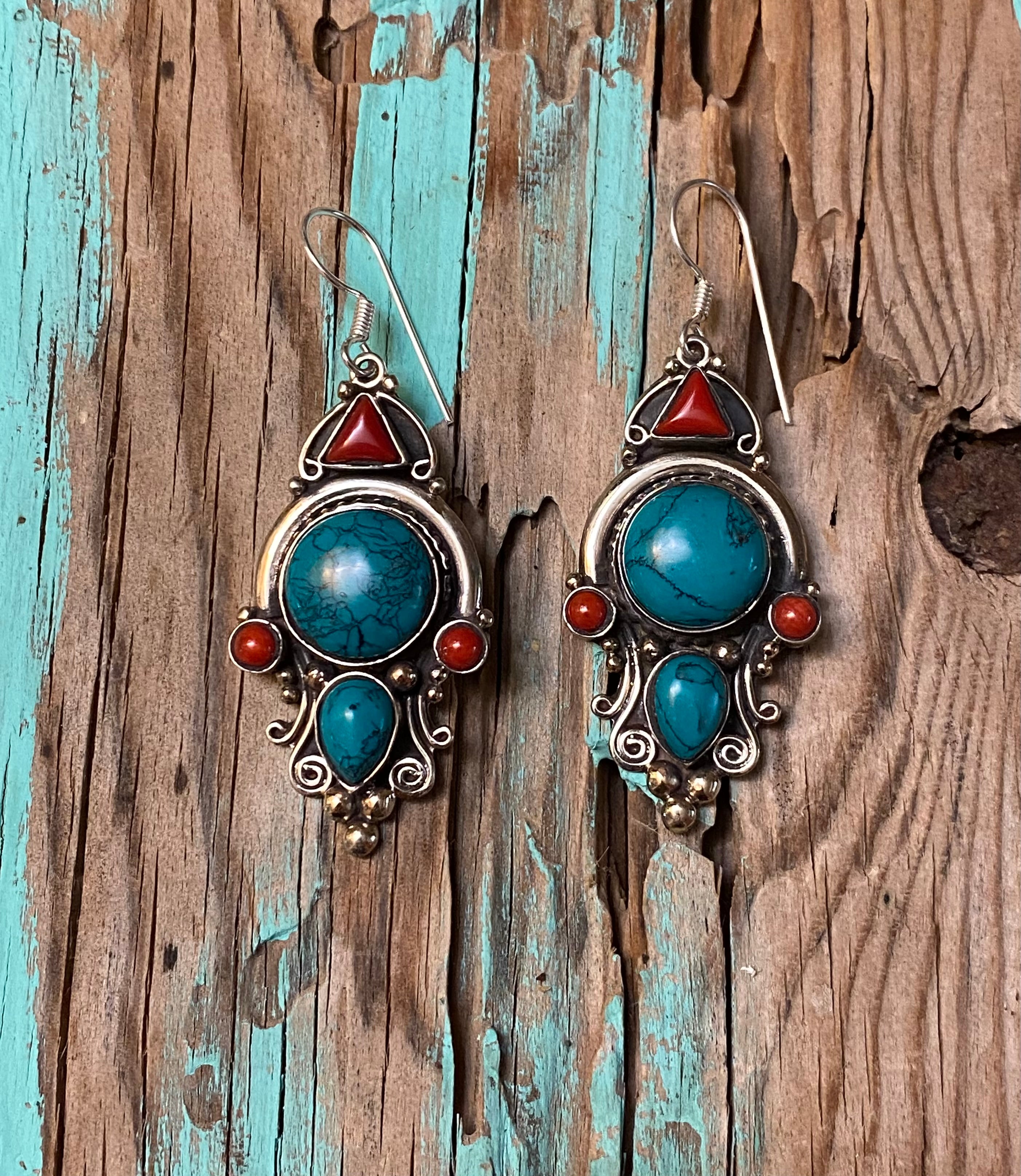 Silver Elegant Turquoise & Red Coral Dangle Statement Earrings