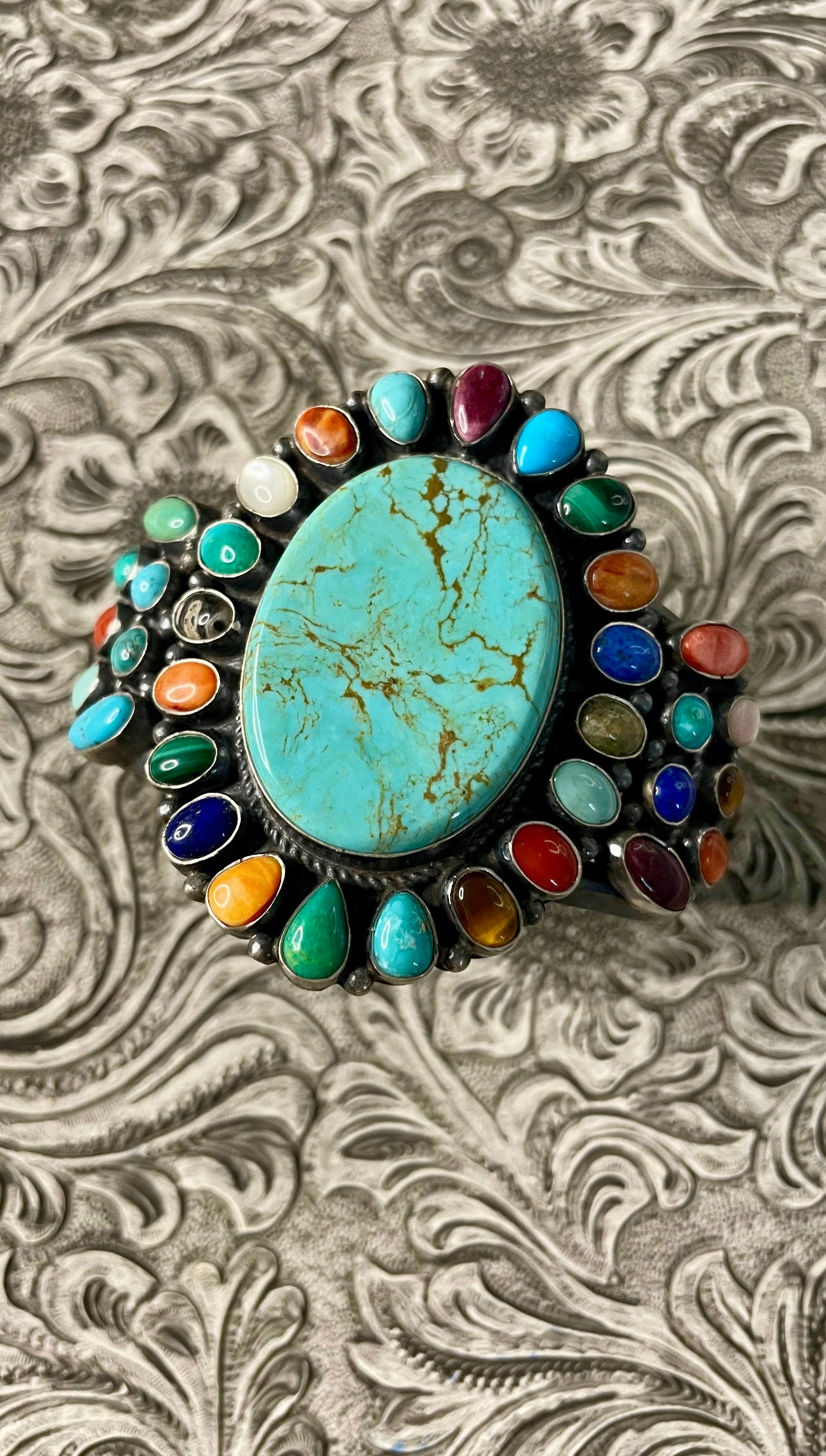 Anthony Skeets Handcrafted Multi Stone & Sterling Silver Cuff Bracelet Signed