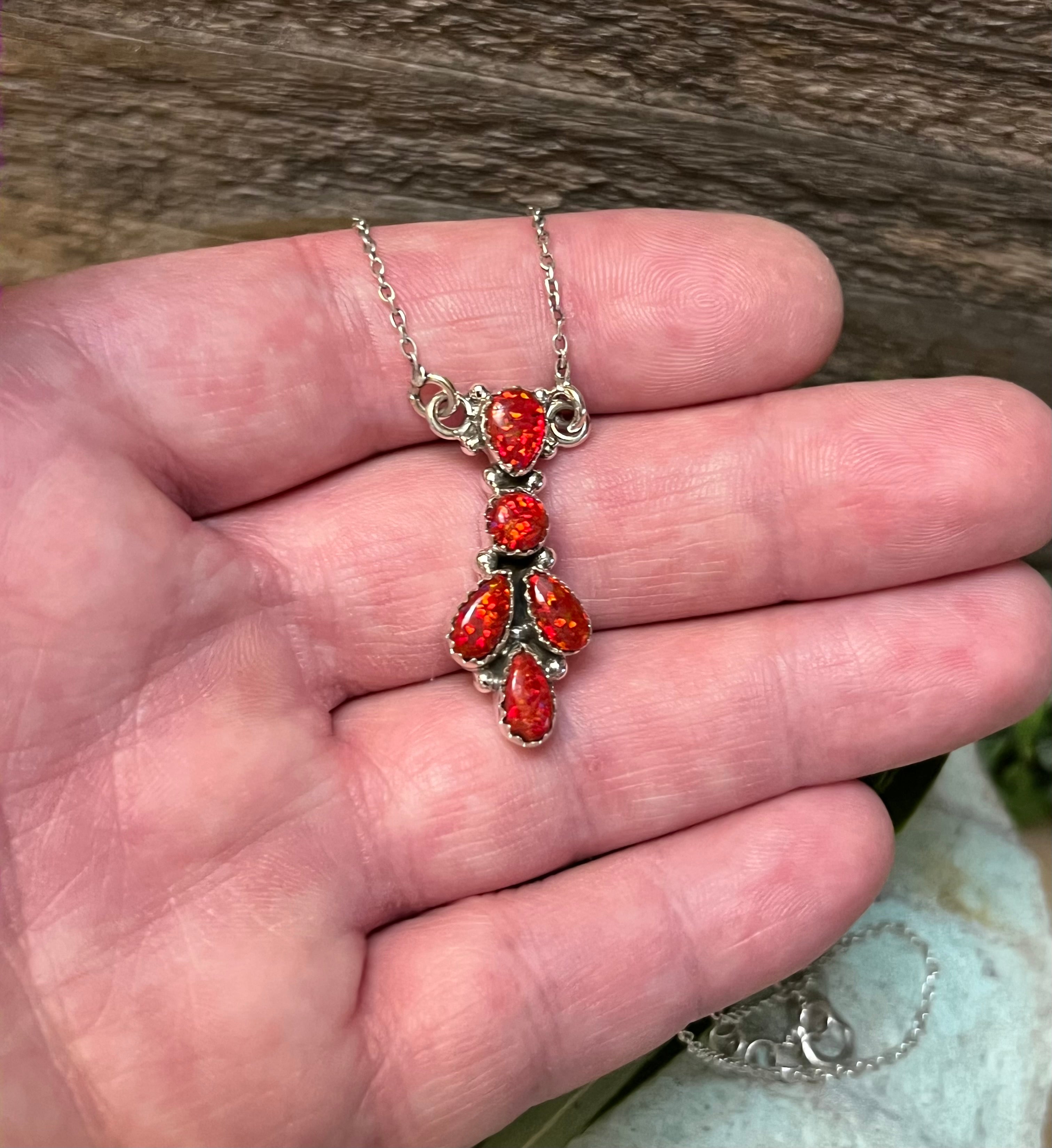 Handmade Fire Red Opal Tear Drop Cluster Sterling Silver Necklace