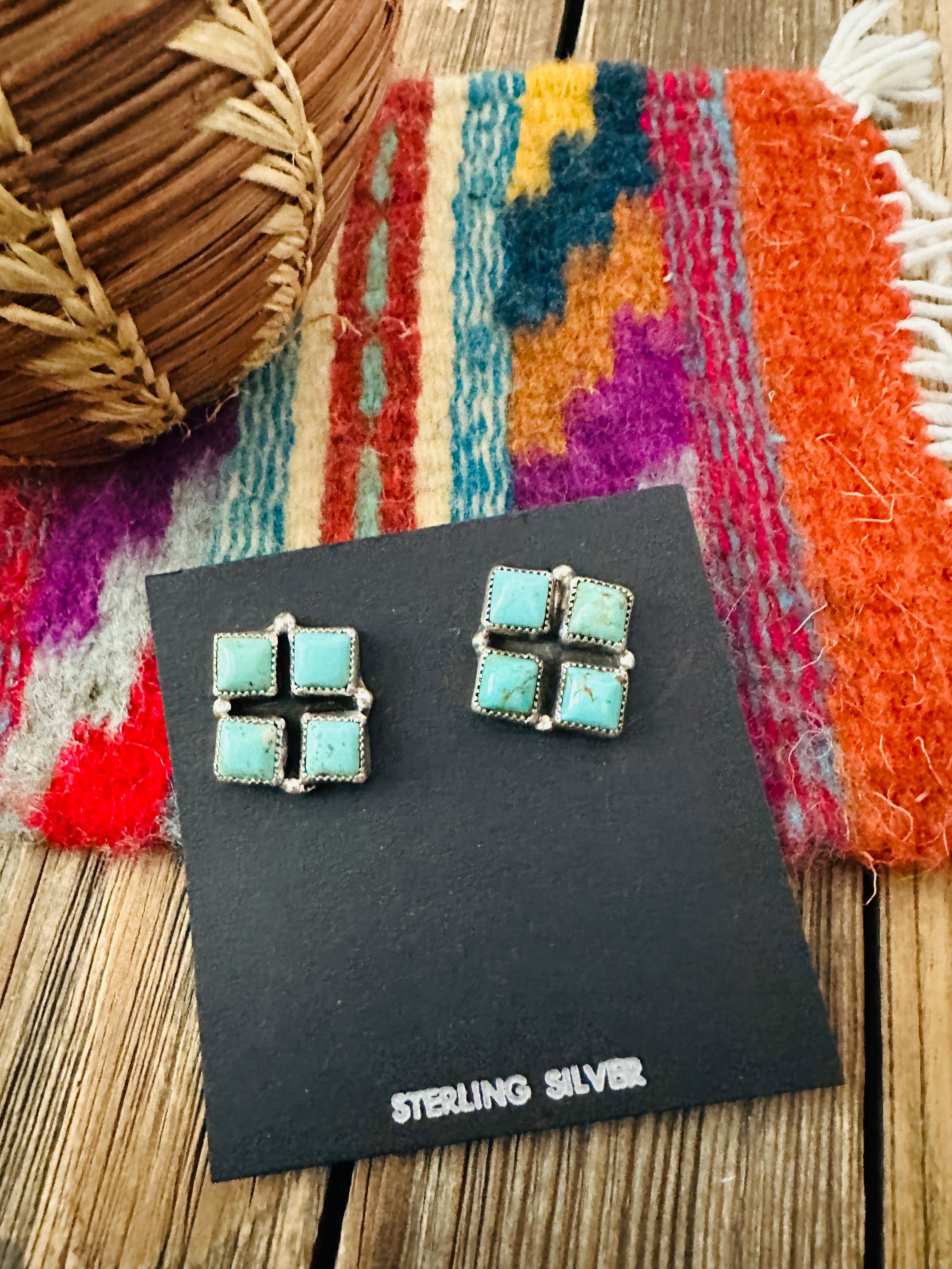 Handcrafted Turquoise & Sterling Silver Cluster Post Earrings