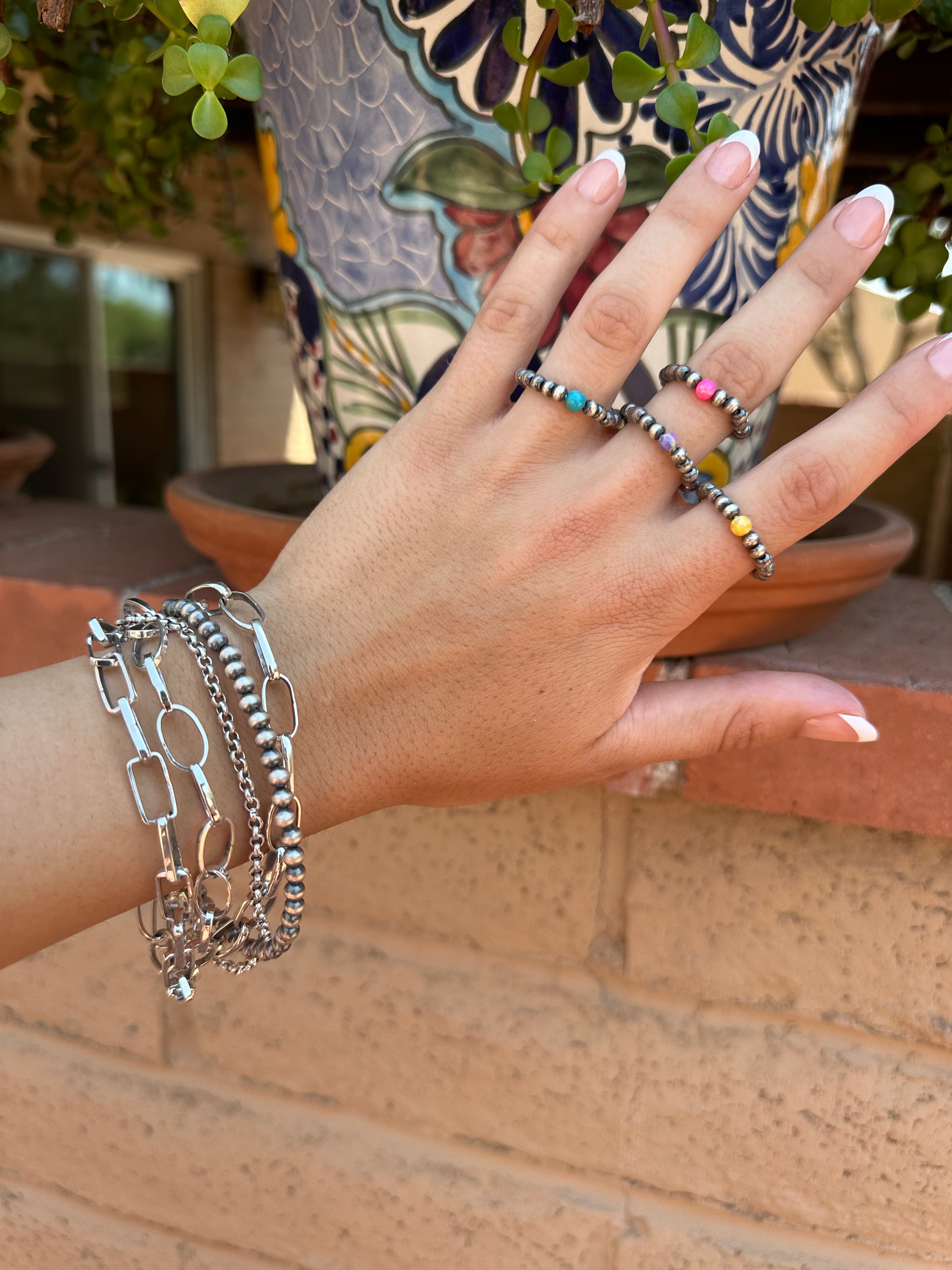 THE VENICE BAND Handmade Sterling Silver Pearl Style Beaded Stretch Ring