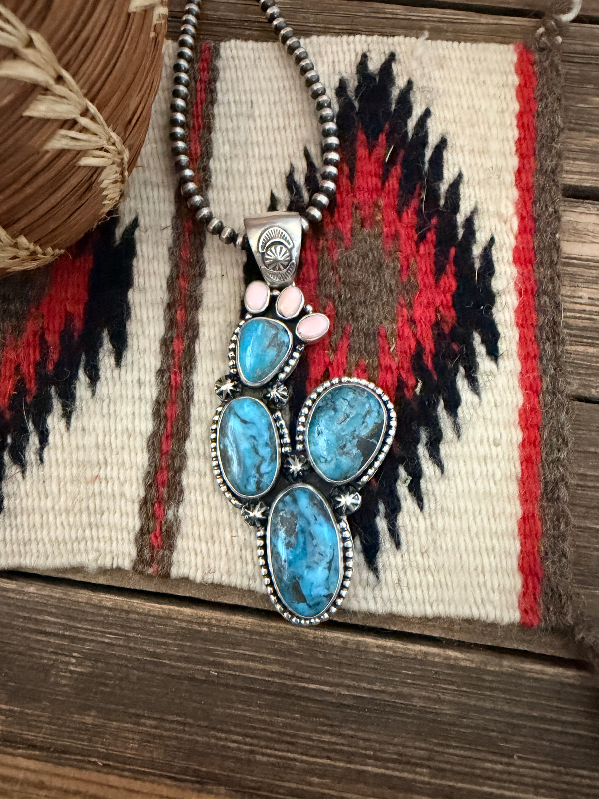 Handcrafted Sterling Silver, Turquoise & Queen Pink Conch Cactus Pendant by Larry Kaye