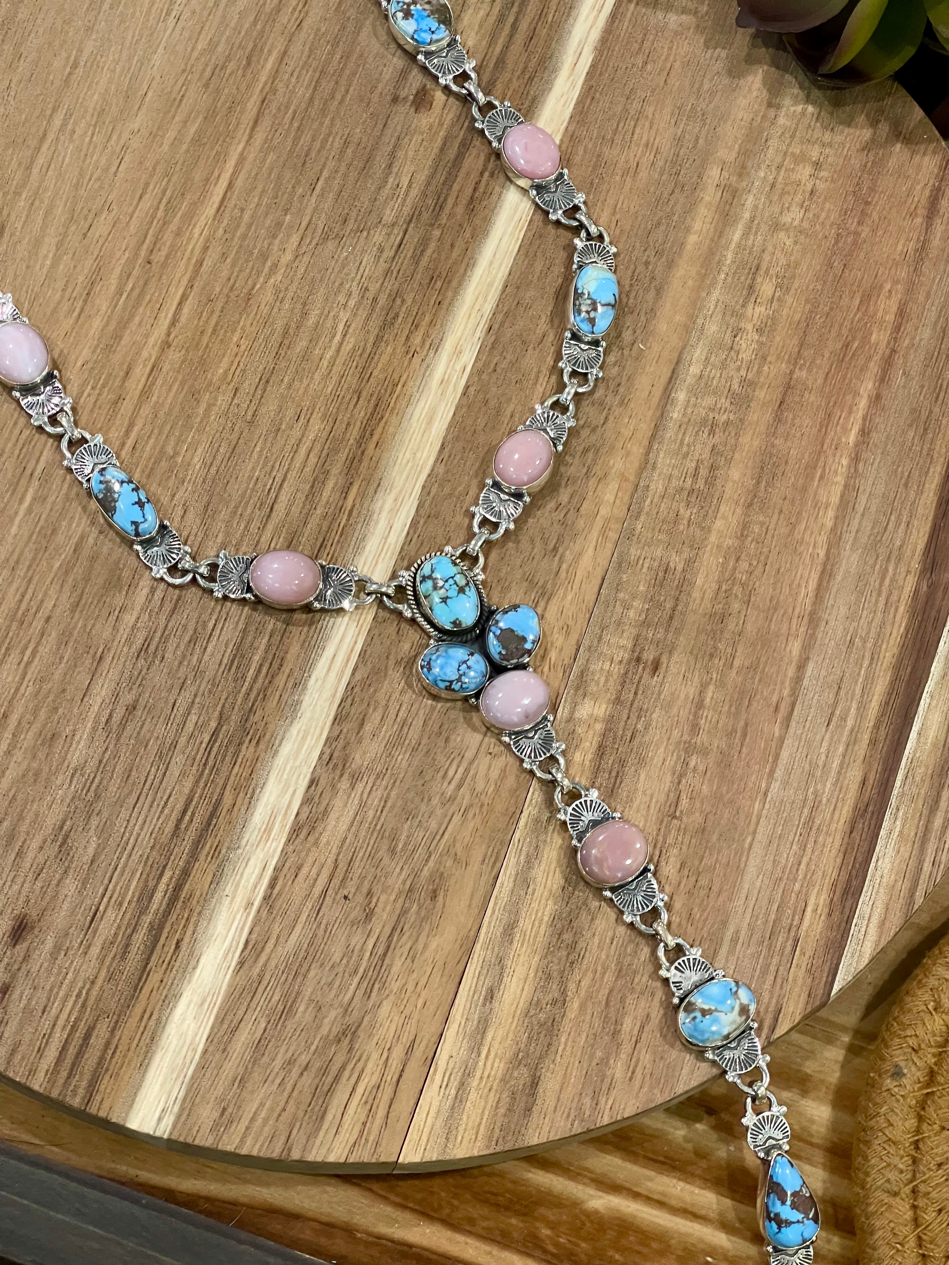 Handmade Sterling Silver, Golden Hills & Pink Conch Lariat Necklace