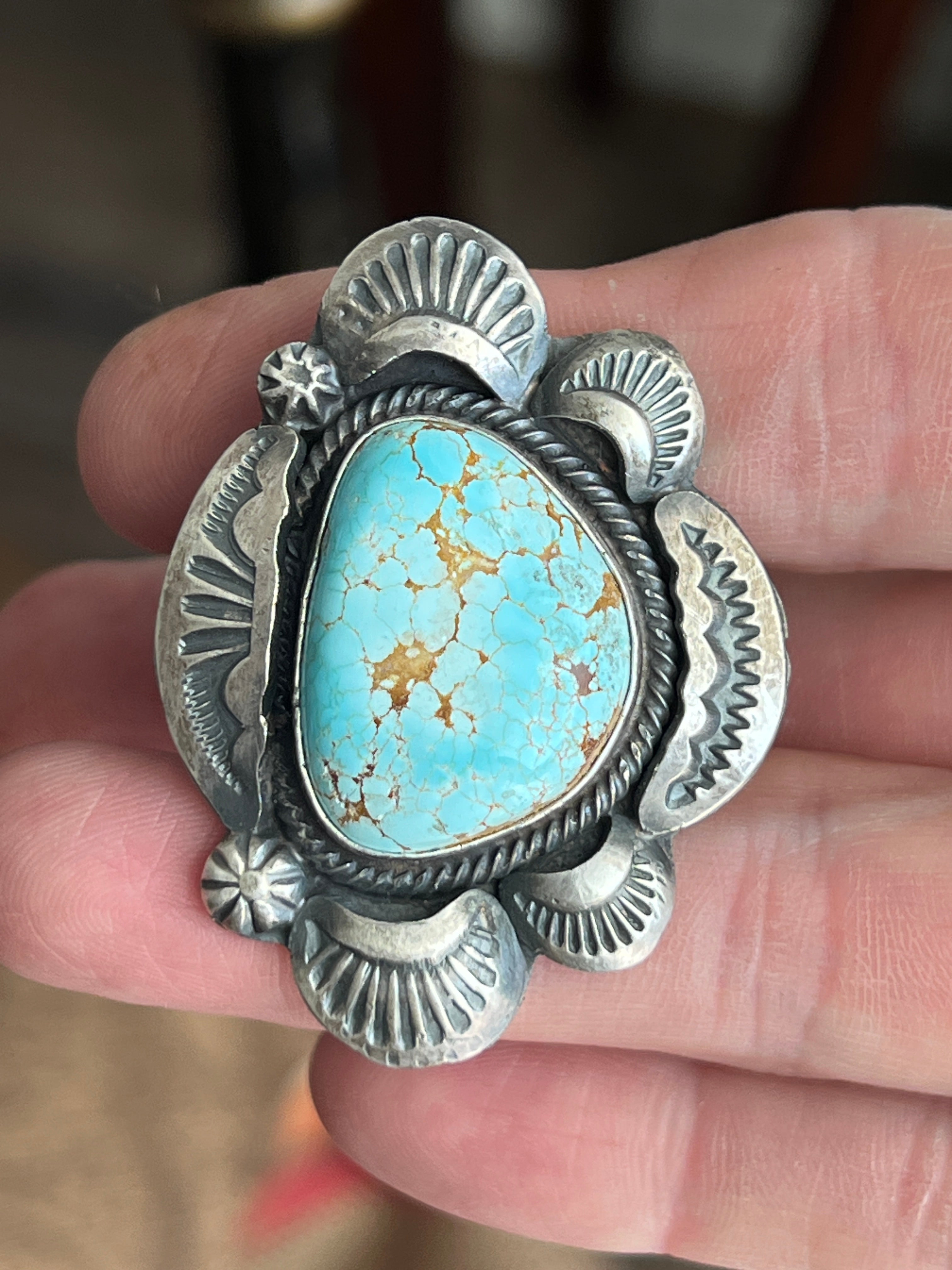 Handcrafted Sterling Silver and Number 8 Turquoise Ring by Artist, Gilbert Tom, Size 10.5