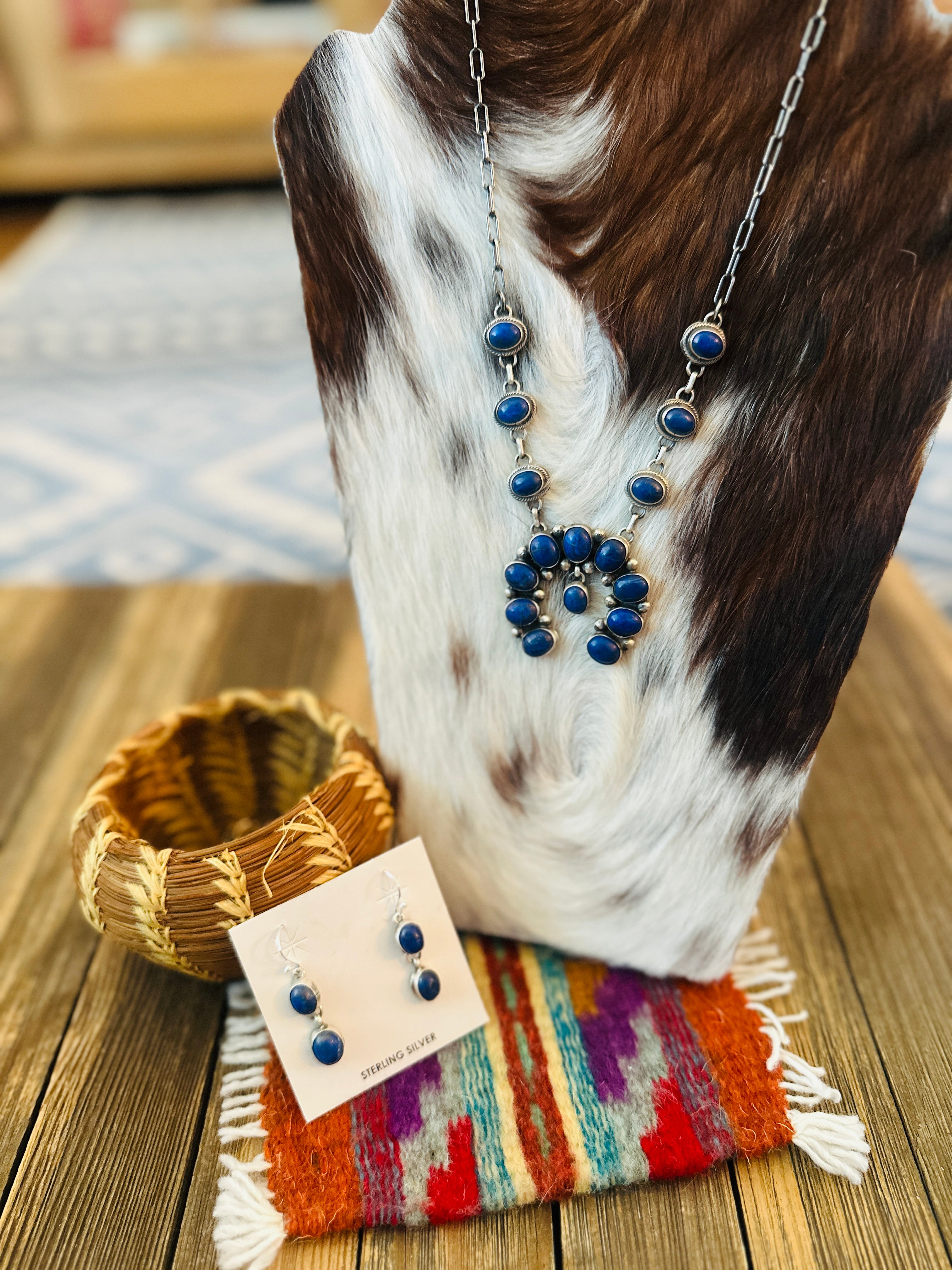 Handcrafted Lapis & Sterling Silver Squash Blossom Necklace and Earring Set