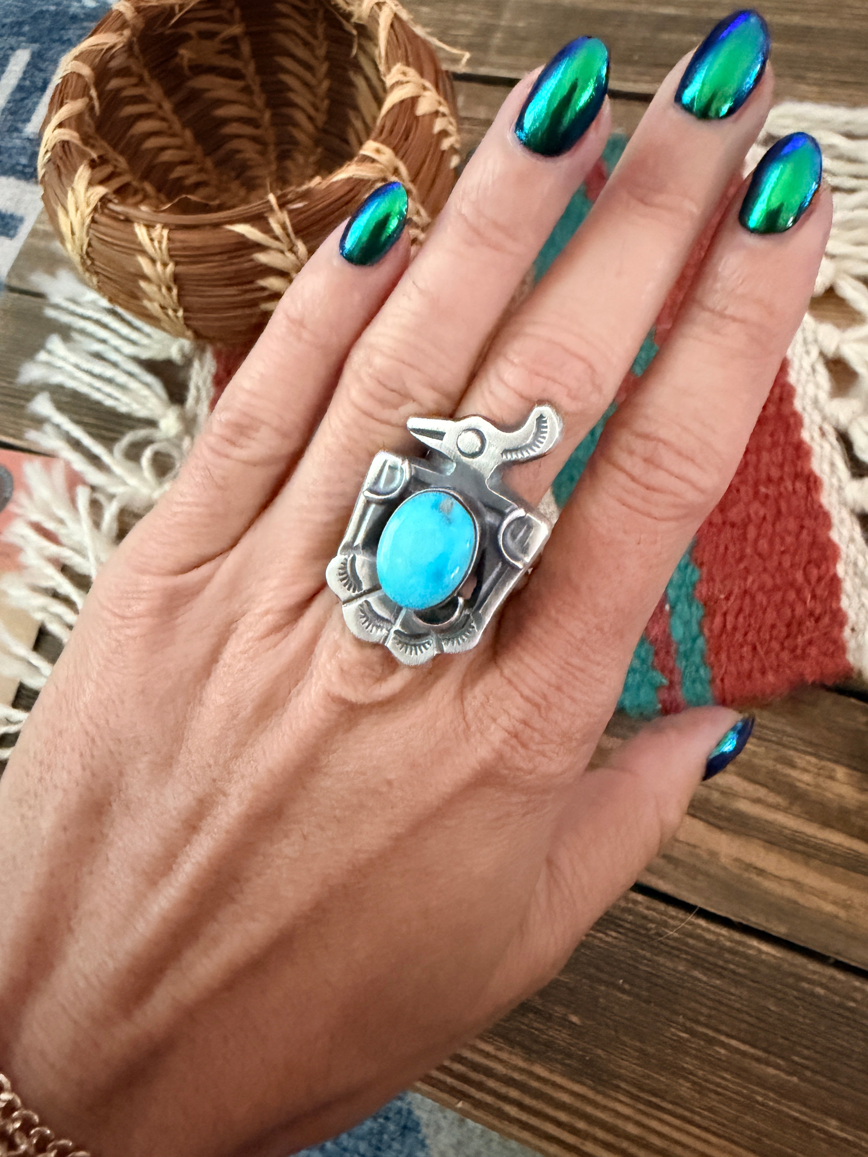 Handcrafted Turquoise and Sterling Silver Thunderbird Ring size 7.75 by Chimney Butte