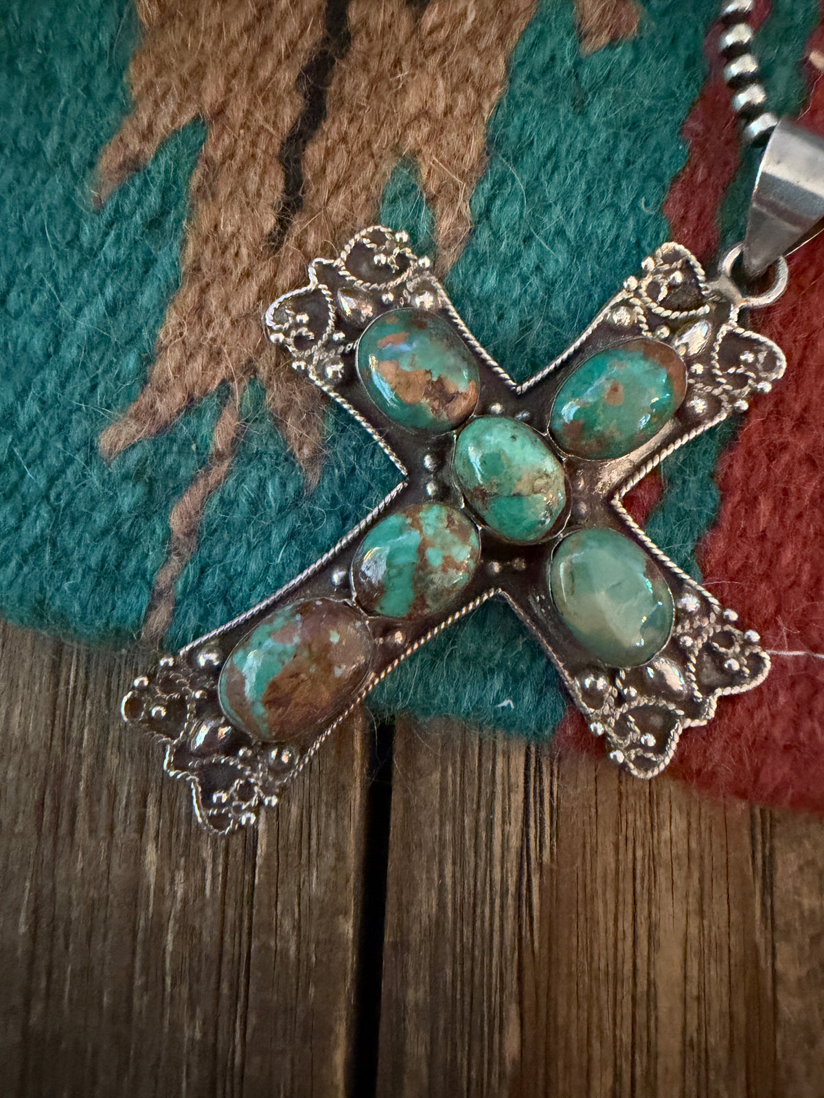 Old Pawn Handcrafted Turquoise and Sterling Silver Cross Pendant