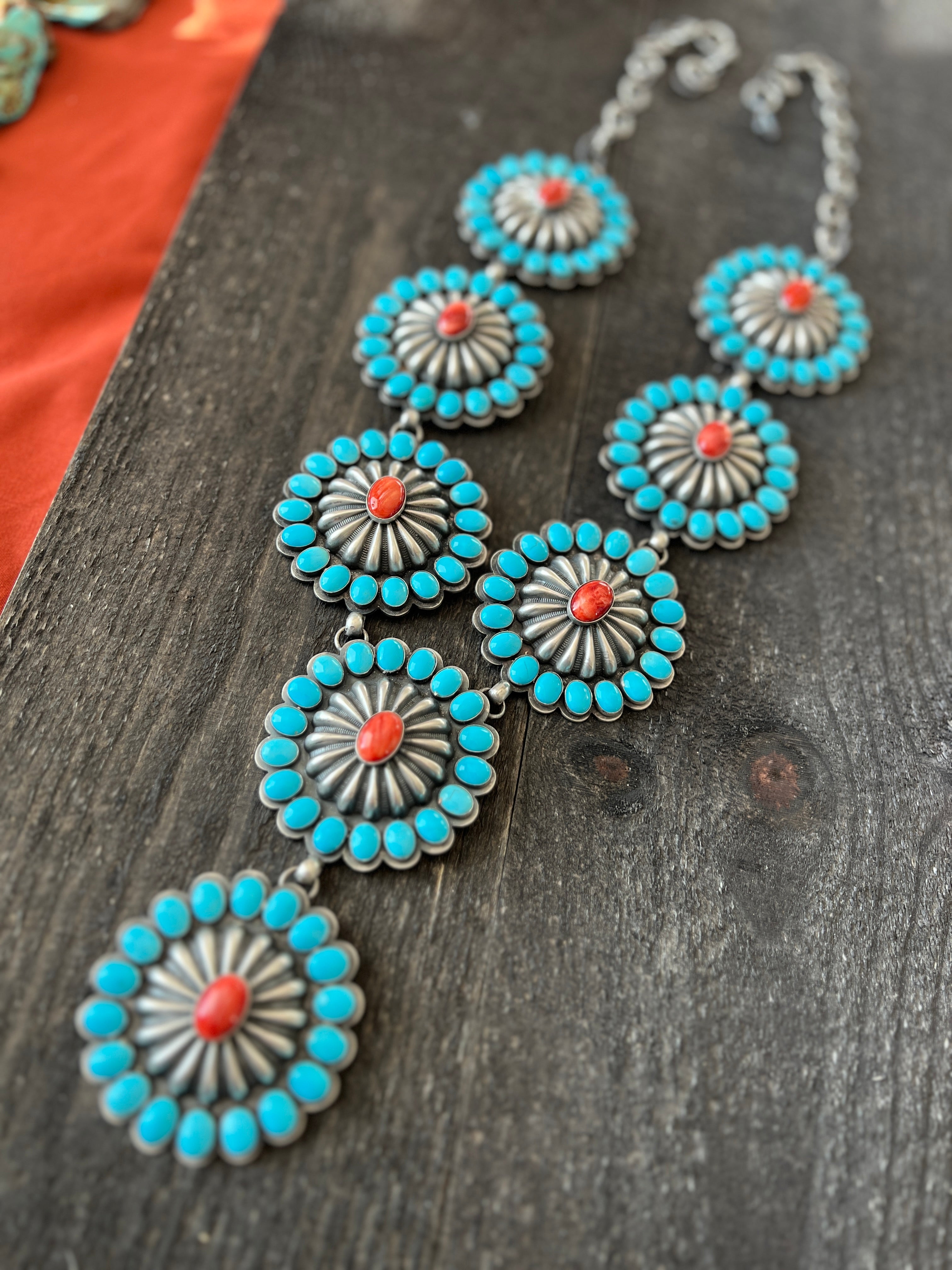 Handcrafted Amazing Spiny Oyster, Kingman Turquoise & Sterling Silver Lariat Necklace by Gilbert Platero