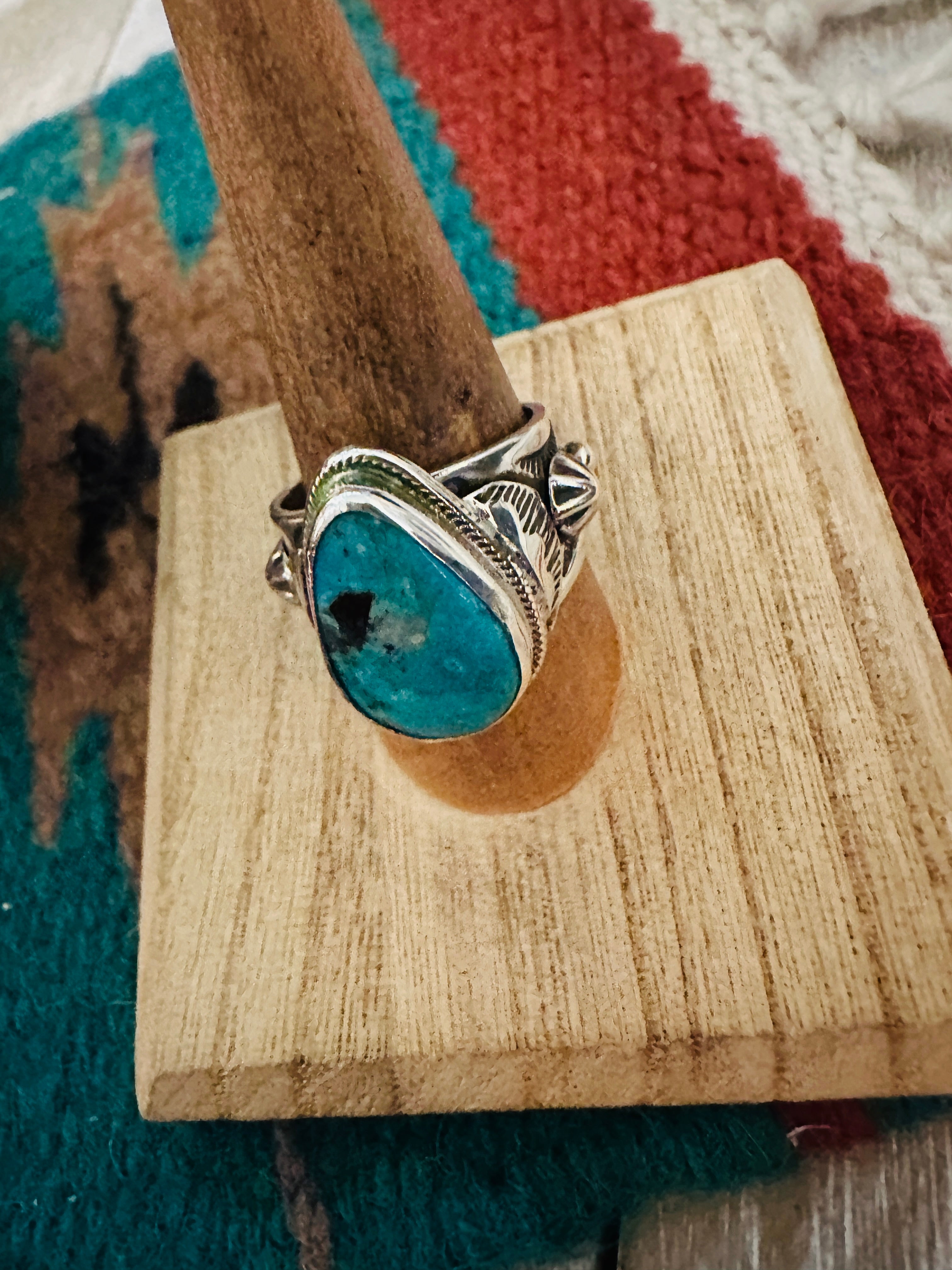 Handcrafted Sterling Silver & Turquoise Teardrop Cigar Band Ring Size 9