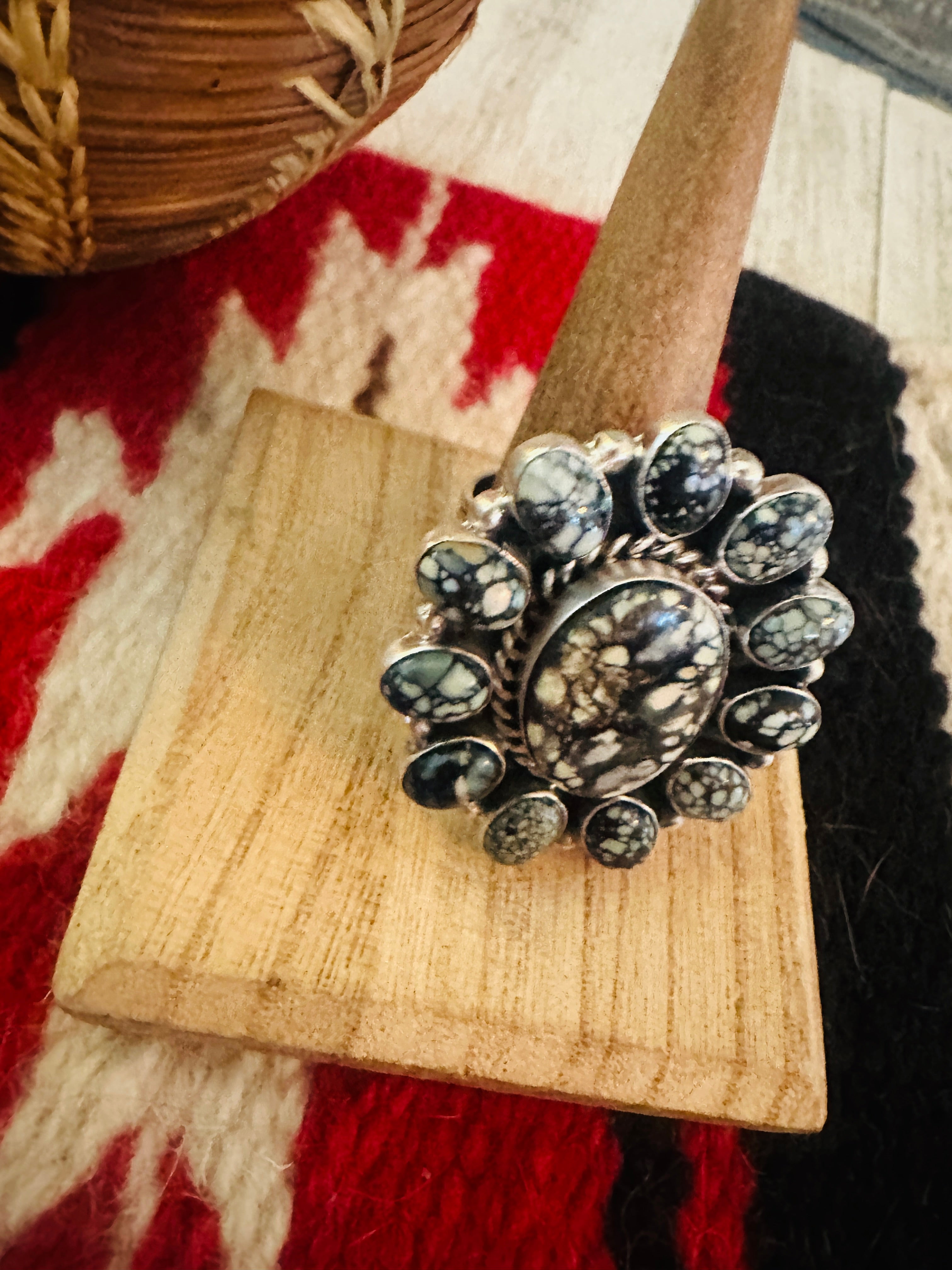 Handcrafted Sterling Silver & Tibetan Turquoise Cluster Adjustable Ring