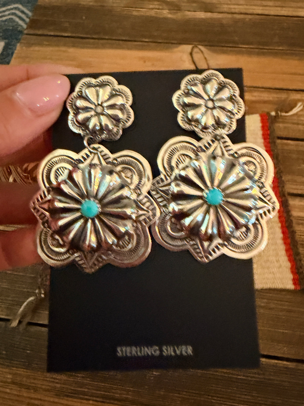 Handcrafted Turquoise & Sterling Silver Concho Dangle Earrings by Genevieve Blackgoat