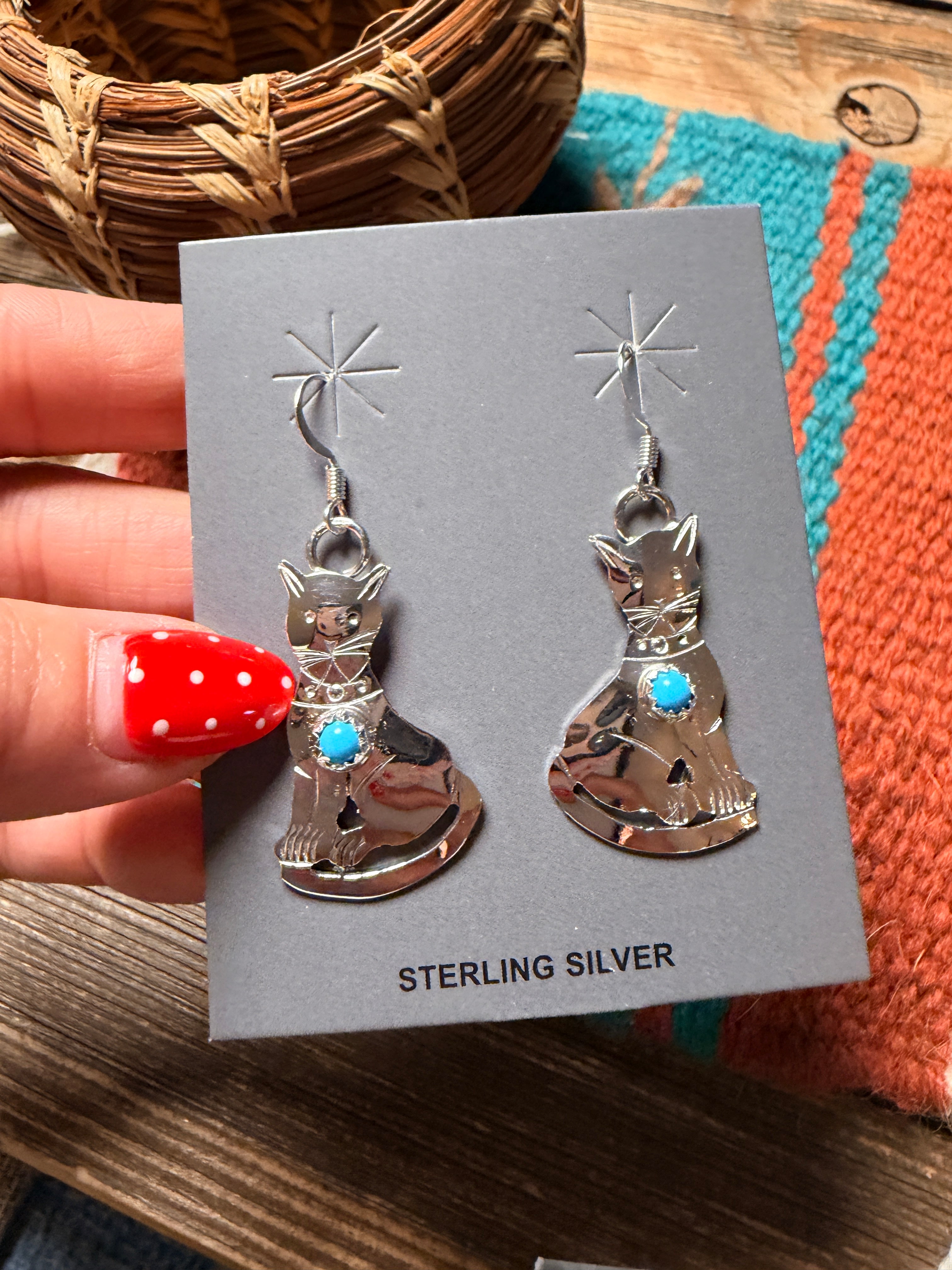Handcrafted Turquoise & Sterling Silver Cat Dangle Earrings Signed