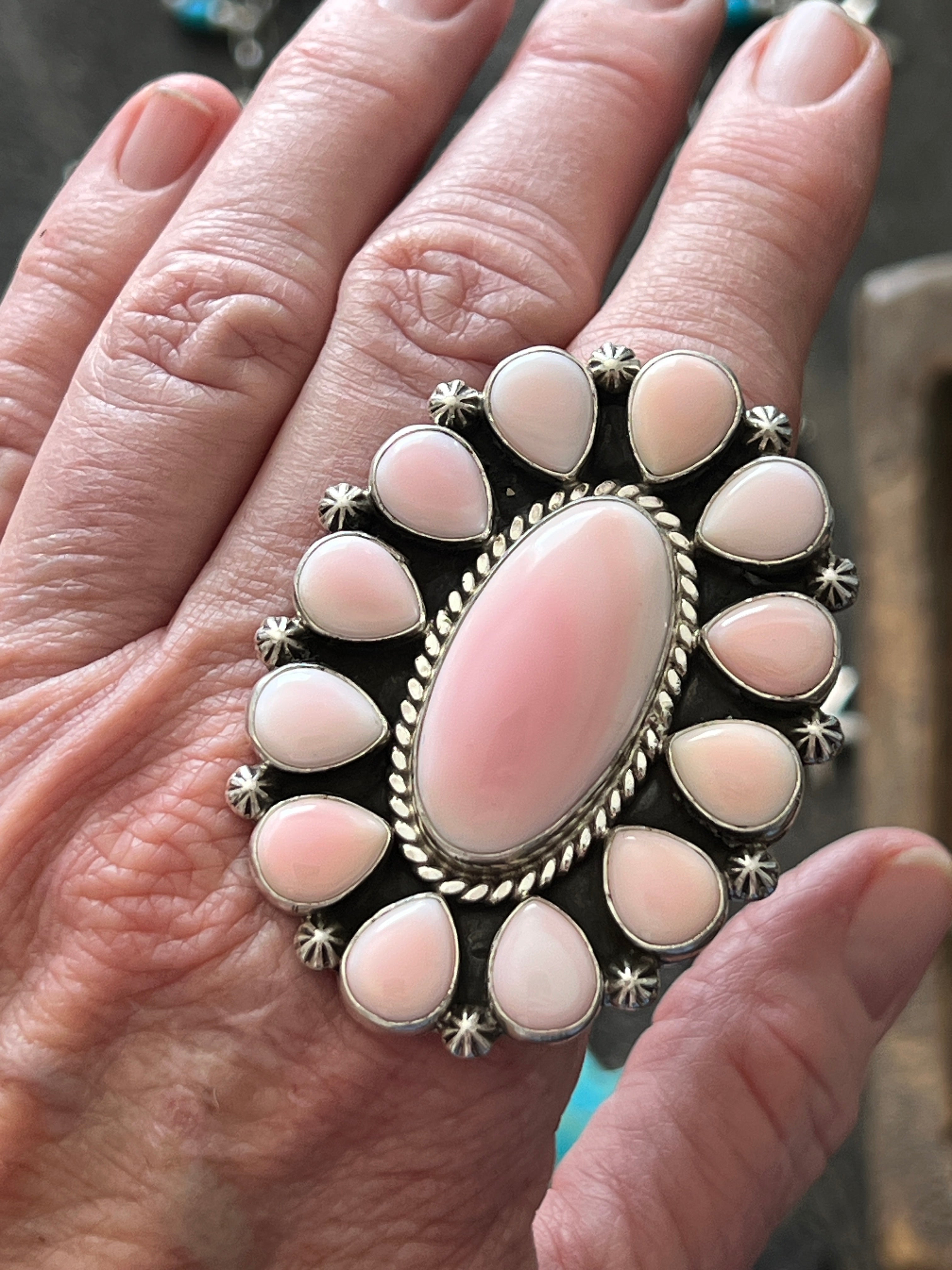Handcrafted Sterling Silver and Oval Queen Pink Conch Shell Cluster Ring by Aaron Tallis, Adjustable