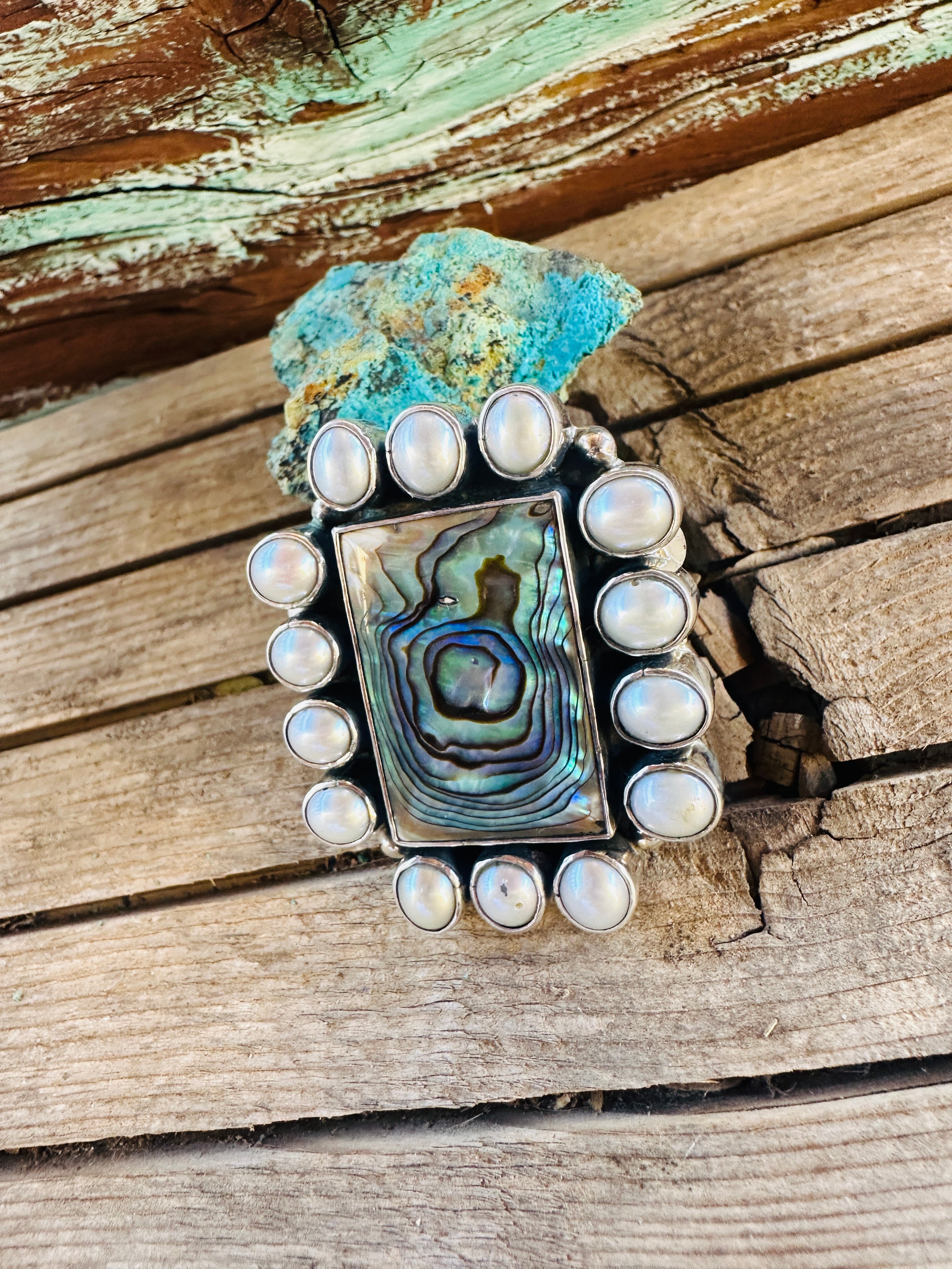 Handcrafted Abalone, Mother of Pearl & Sterling Silver Adjustable Ring by Federico Jimenez