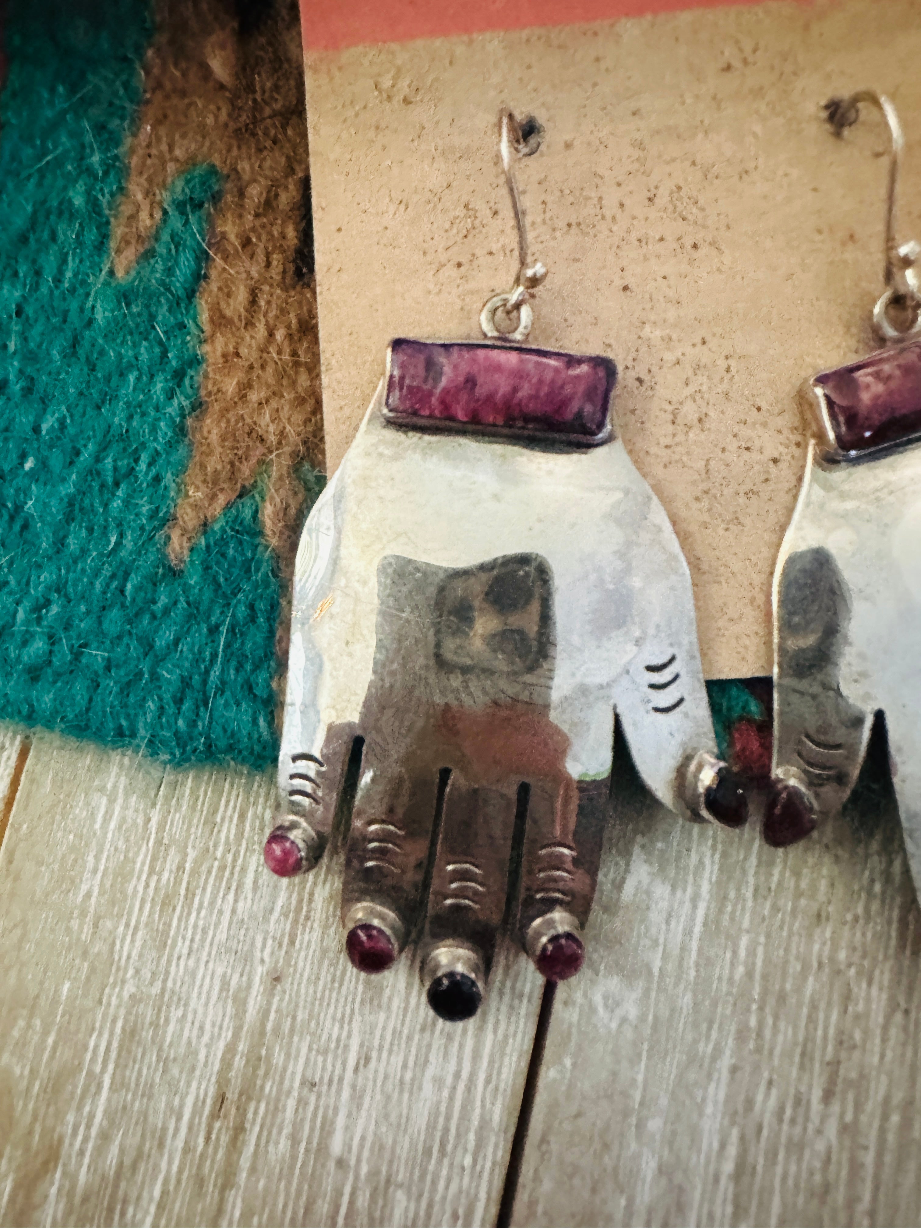 Handcrafted Purple Spiny & Sterling Silver Hand Dangle Earrings by Federico Jimenez