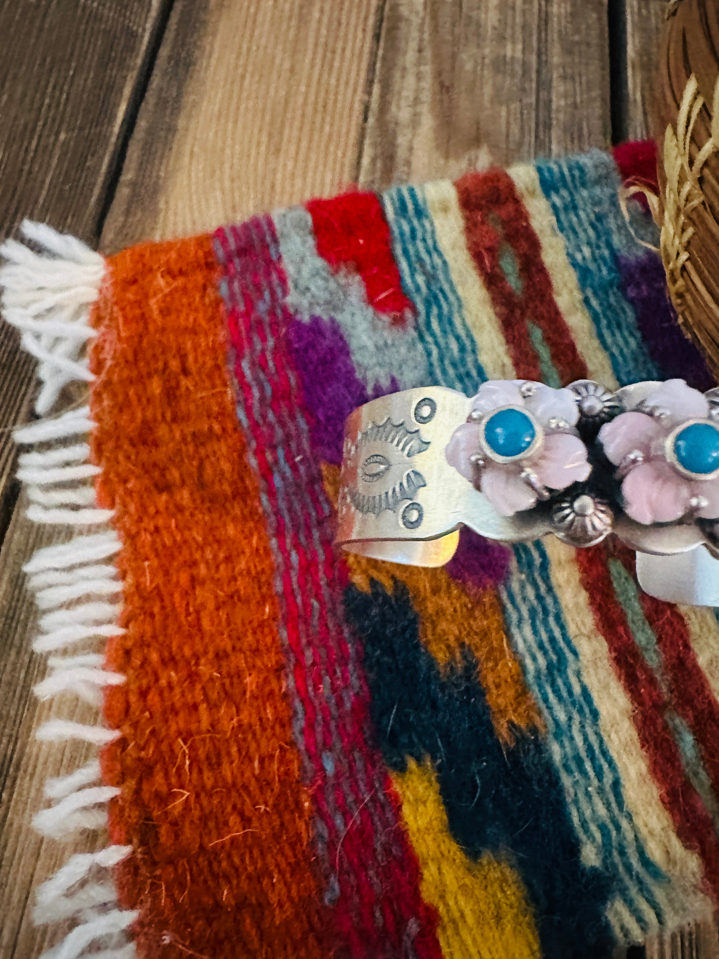 Handcrafted Queen Pink Conch, Turquoise & Sterling Silver Flower Cuff Bracelet