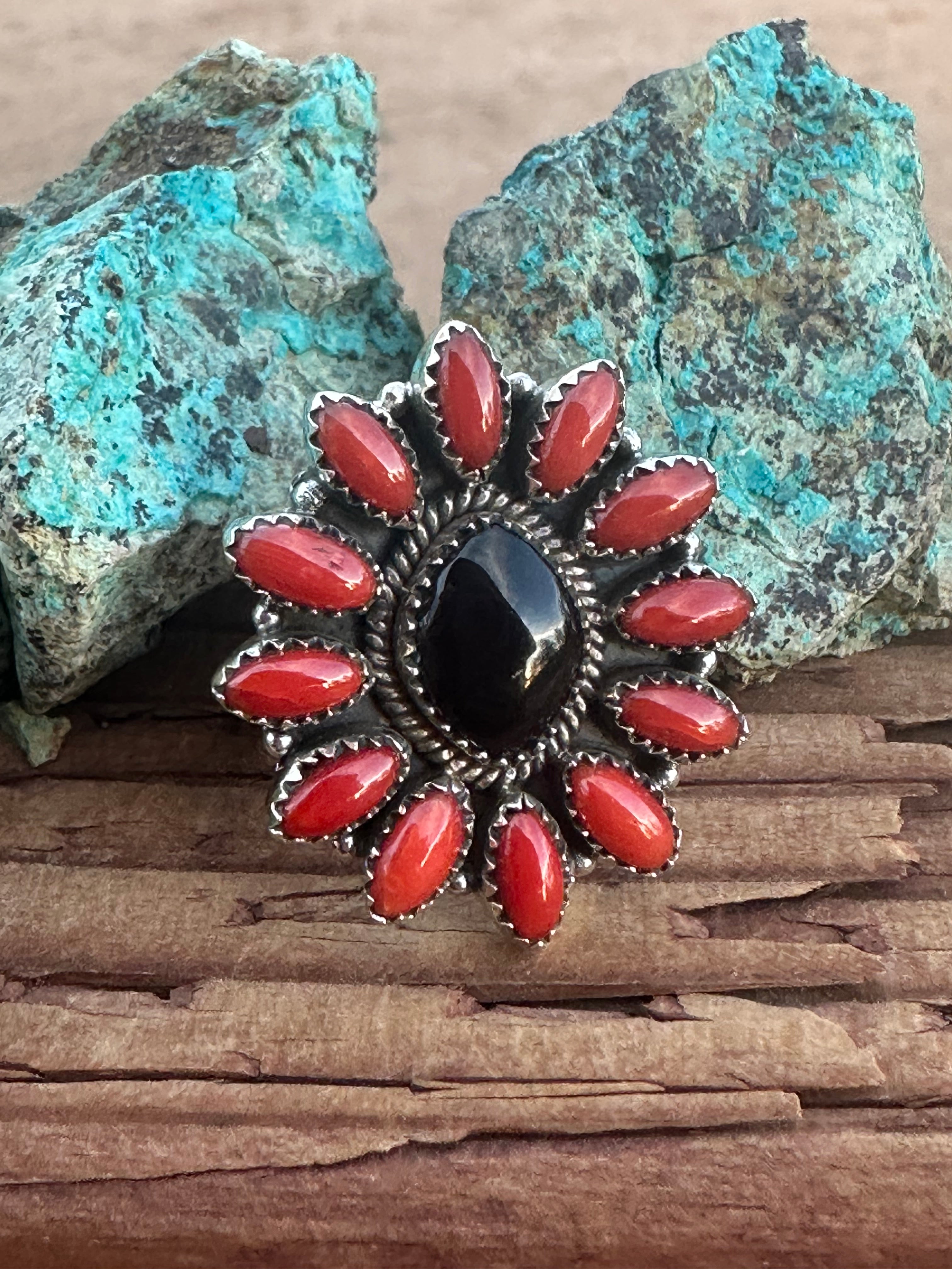 Black Onyx and Coral Sterling Silver Handmade Adjustable Ring