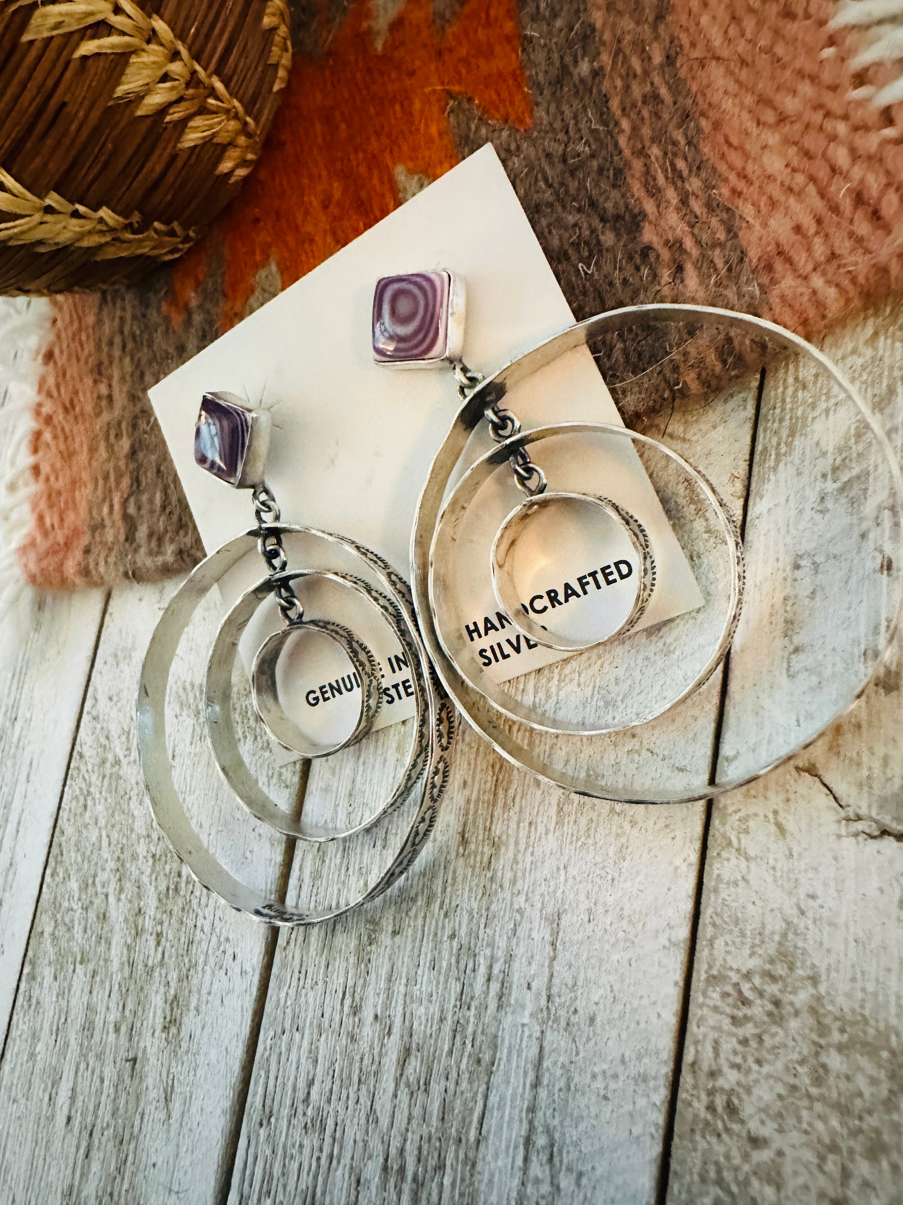 Navajo Sterling Silver & Charoite Dangle Hoop Earrings