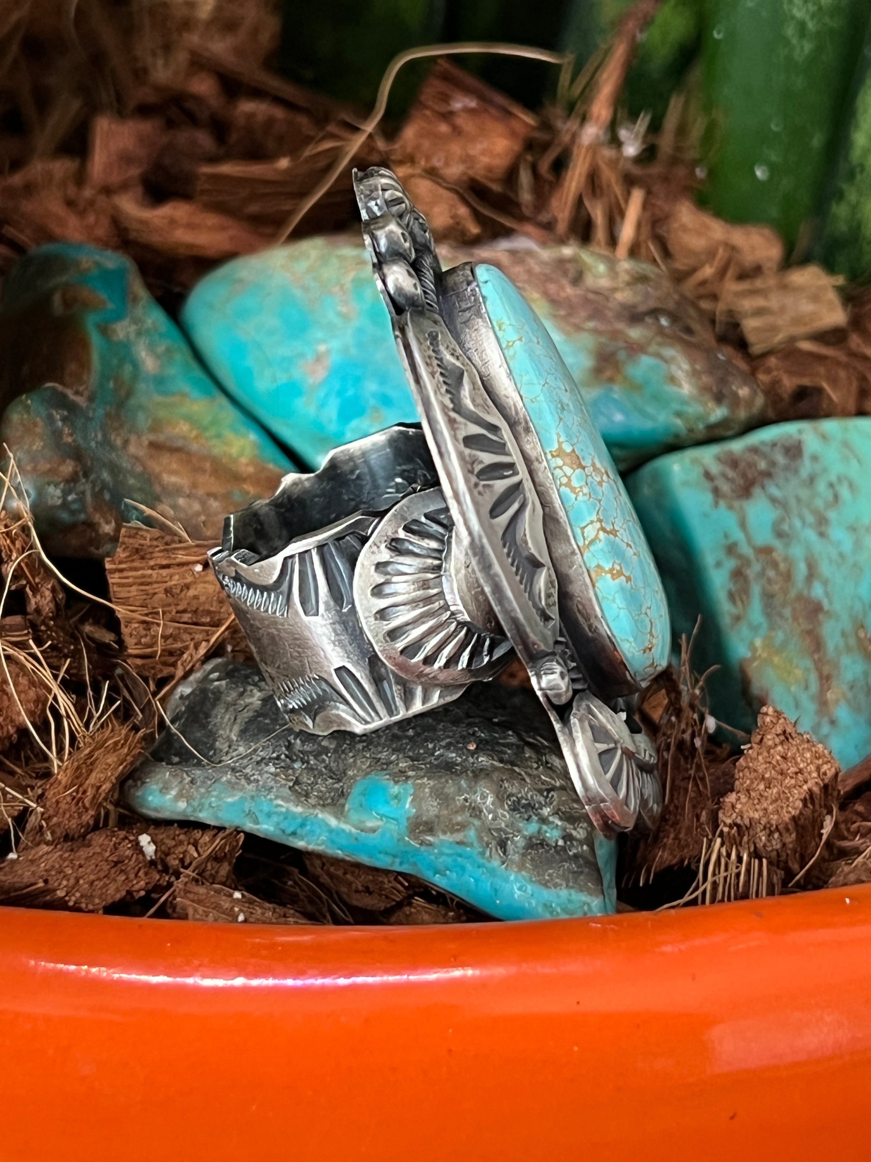 Handcrafted Sterling Silver and Number 8 Turquoise Ring by Gilbert Tom, Size 6.5