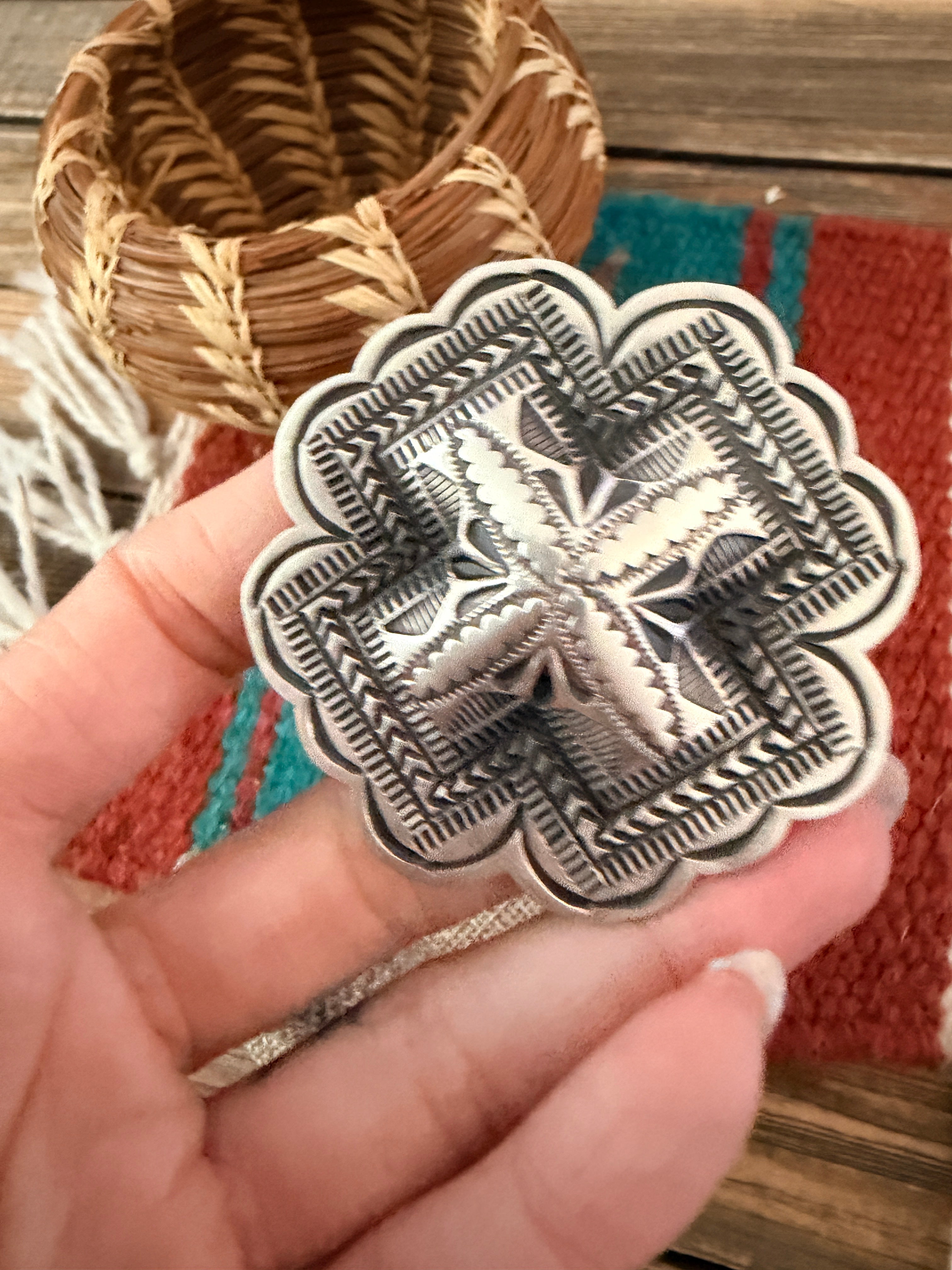 Handcrafted Sterling Silver Adjustable Cross Concho Ring by Leander Tahe