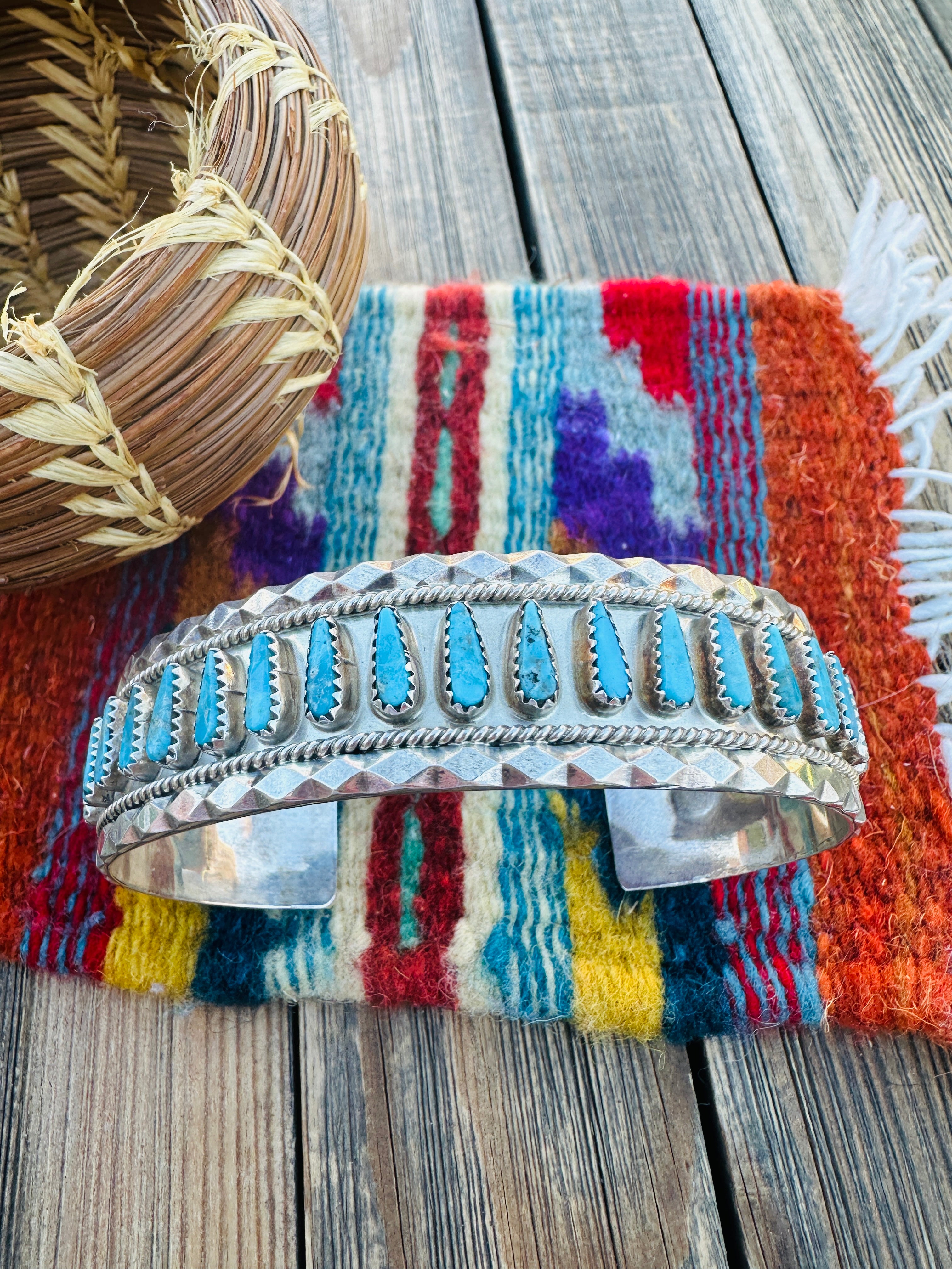 Handcrafted Old Pawn Sterling Silver & Turquoise Cuff Bracelet by Tommy Lowe