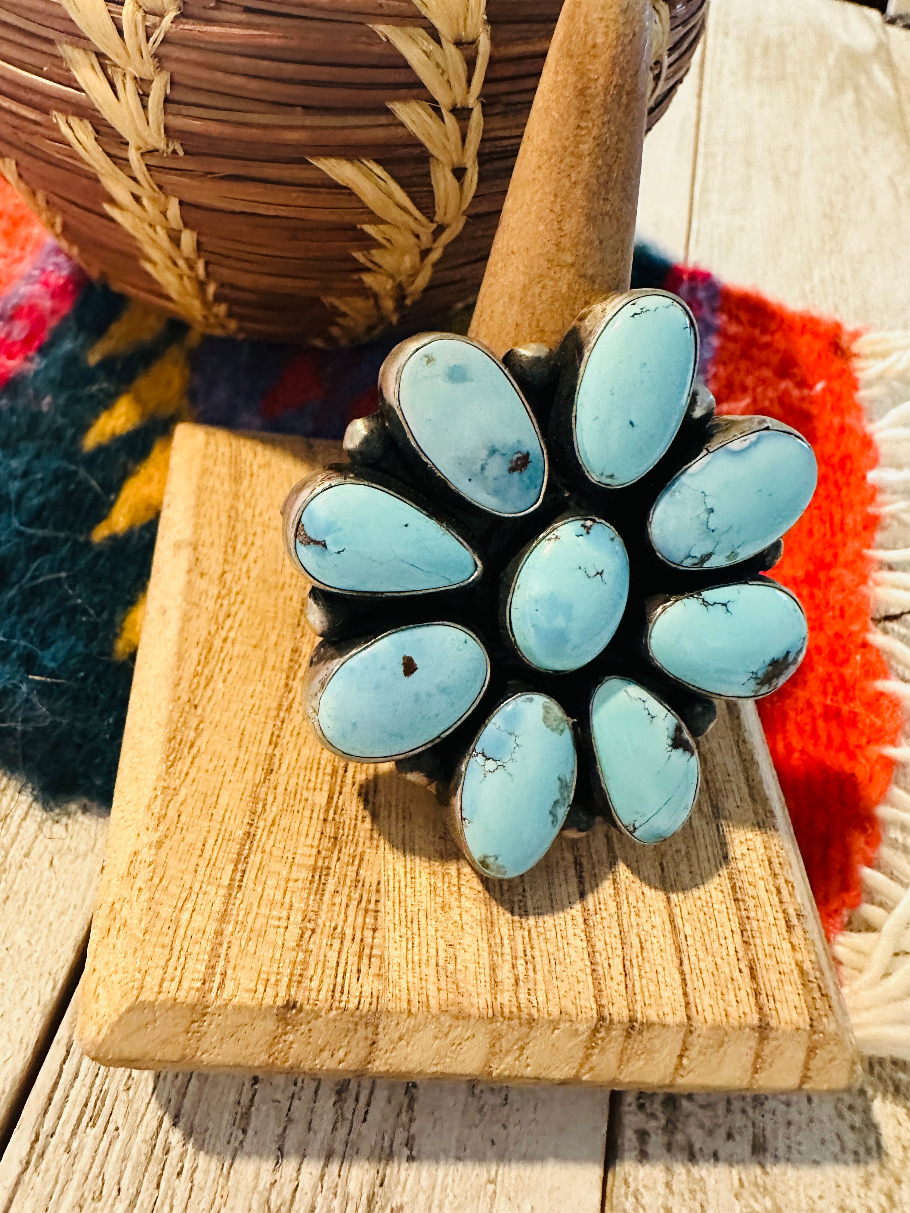 Navajo Golden Hills Turquoise & Sterling Silver Cluster Ring by Bobby Johnson, Size 8.75