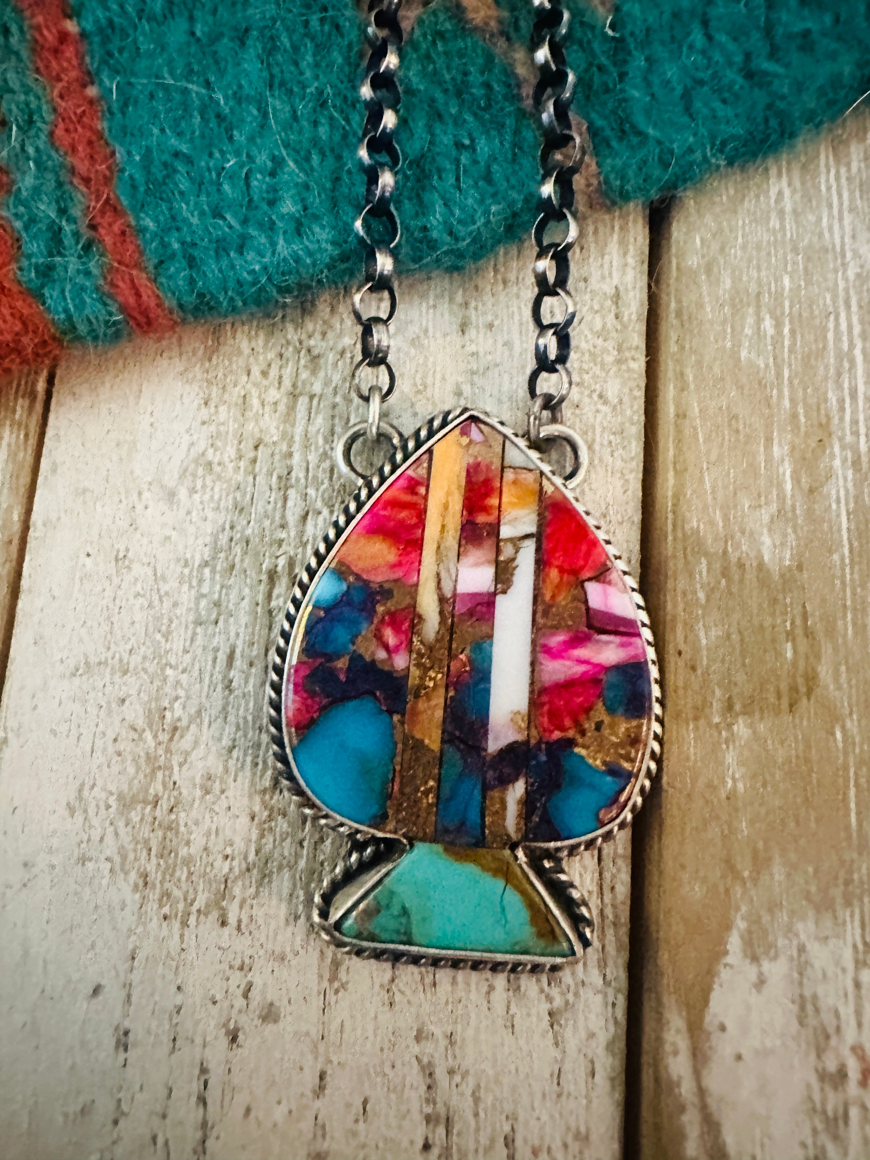 Navajo Sterling Silver & Multi Stone Inlay Spade Necklace