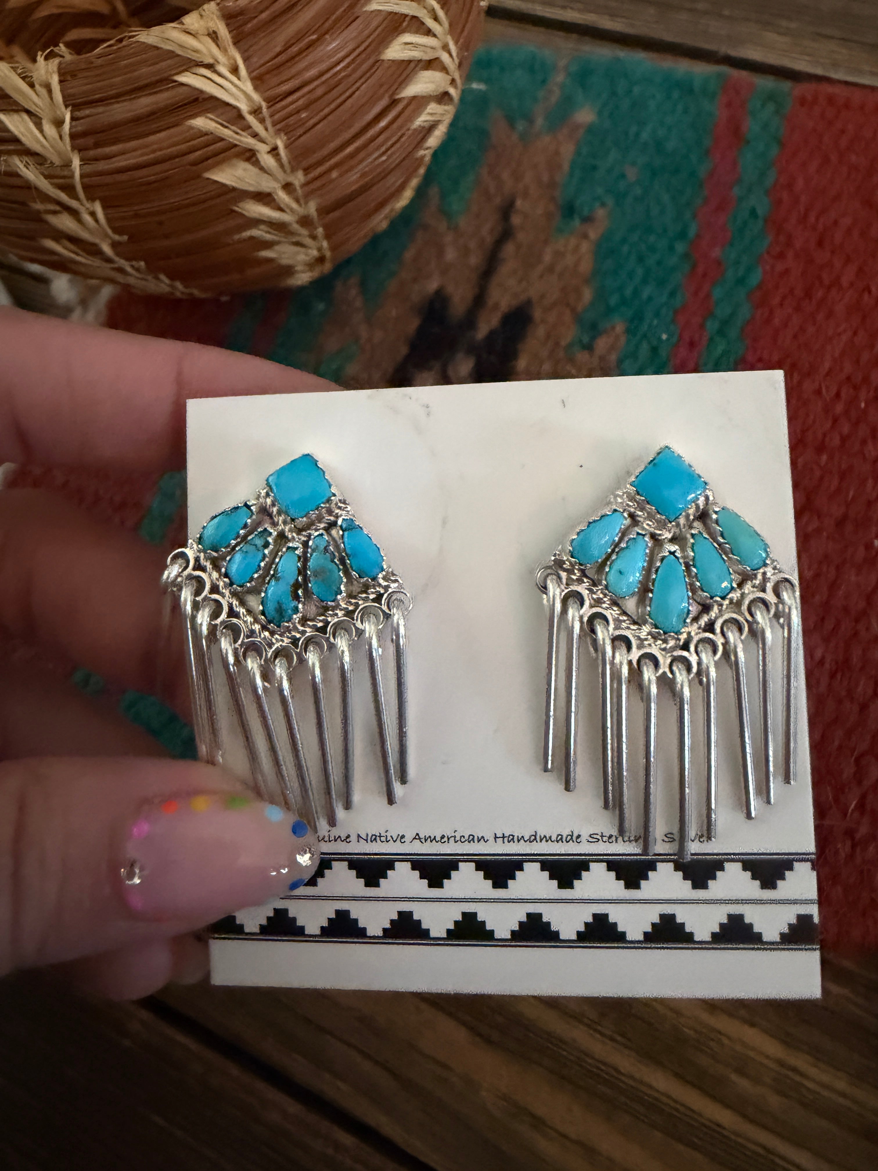 Handcrafted Turquoise and Sterling Silver Cluster Tassel Dangle Earrings