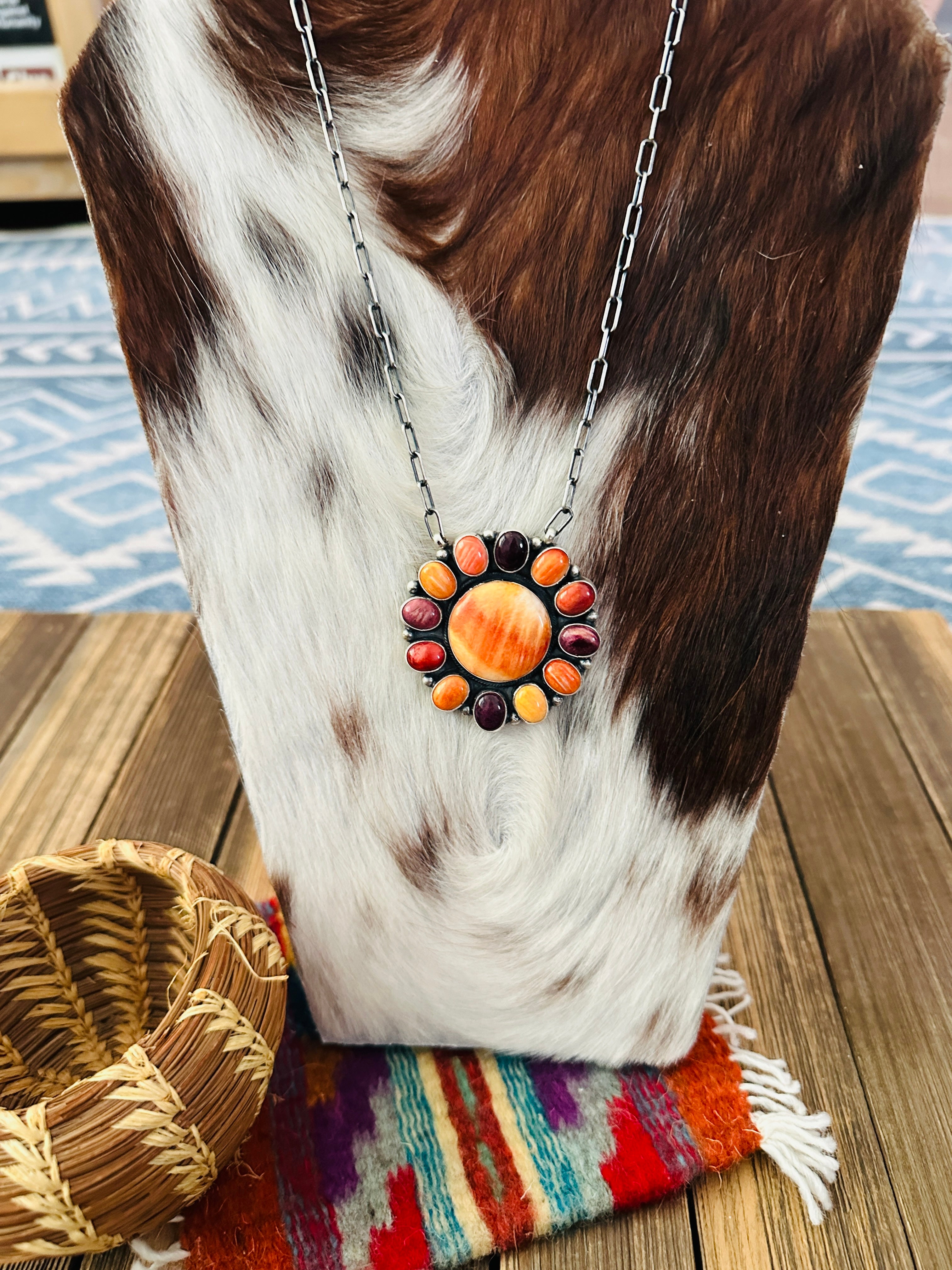 Handcrafted Multicolor Spiny Oyster & Sterling Silver Cluster Necklace by Sheila Becenti