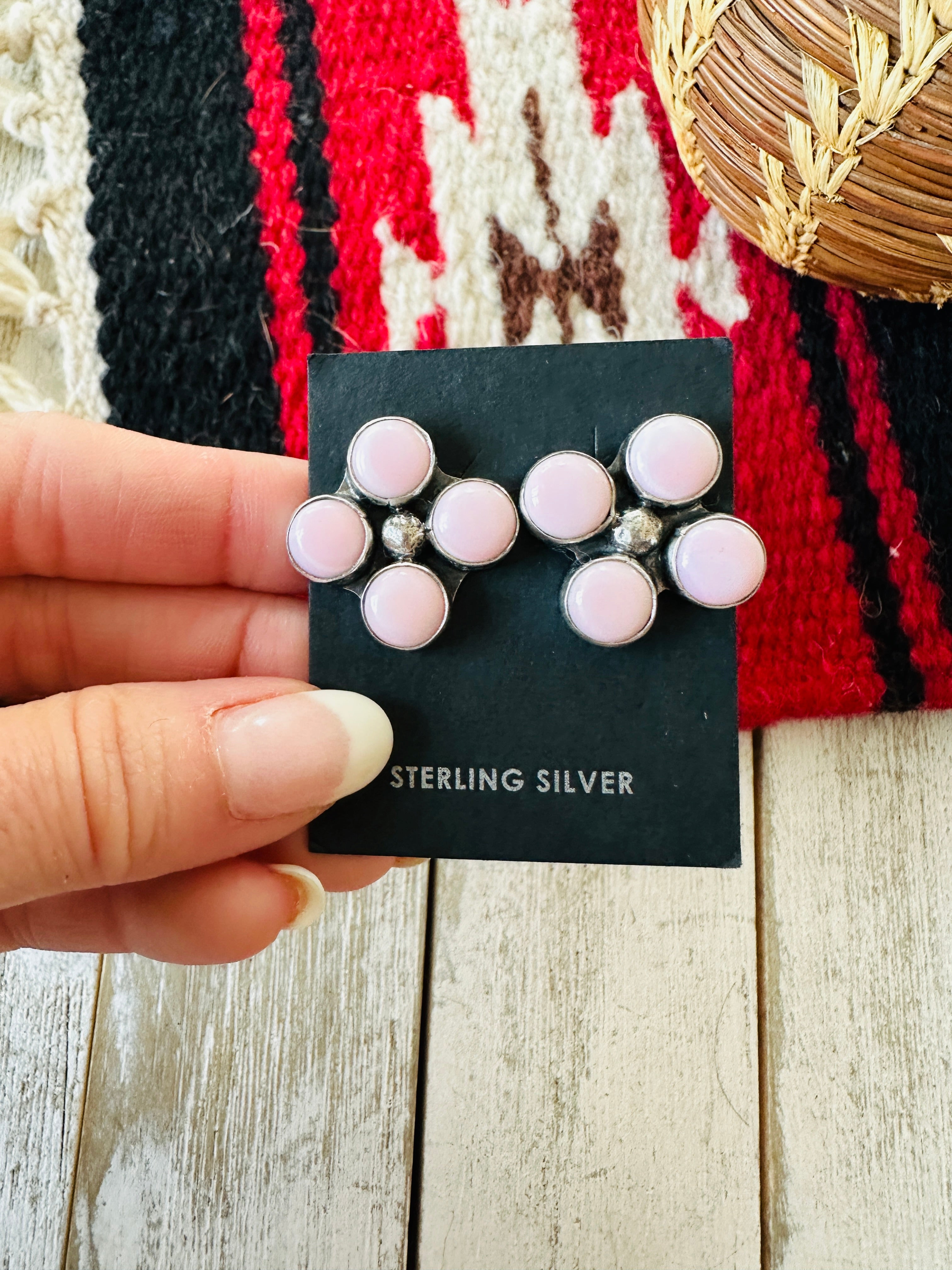 Handcrafted Sterling Silver & Queen Pink Conch Cluster Post Earrings Signed