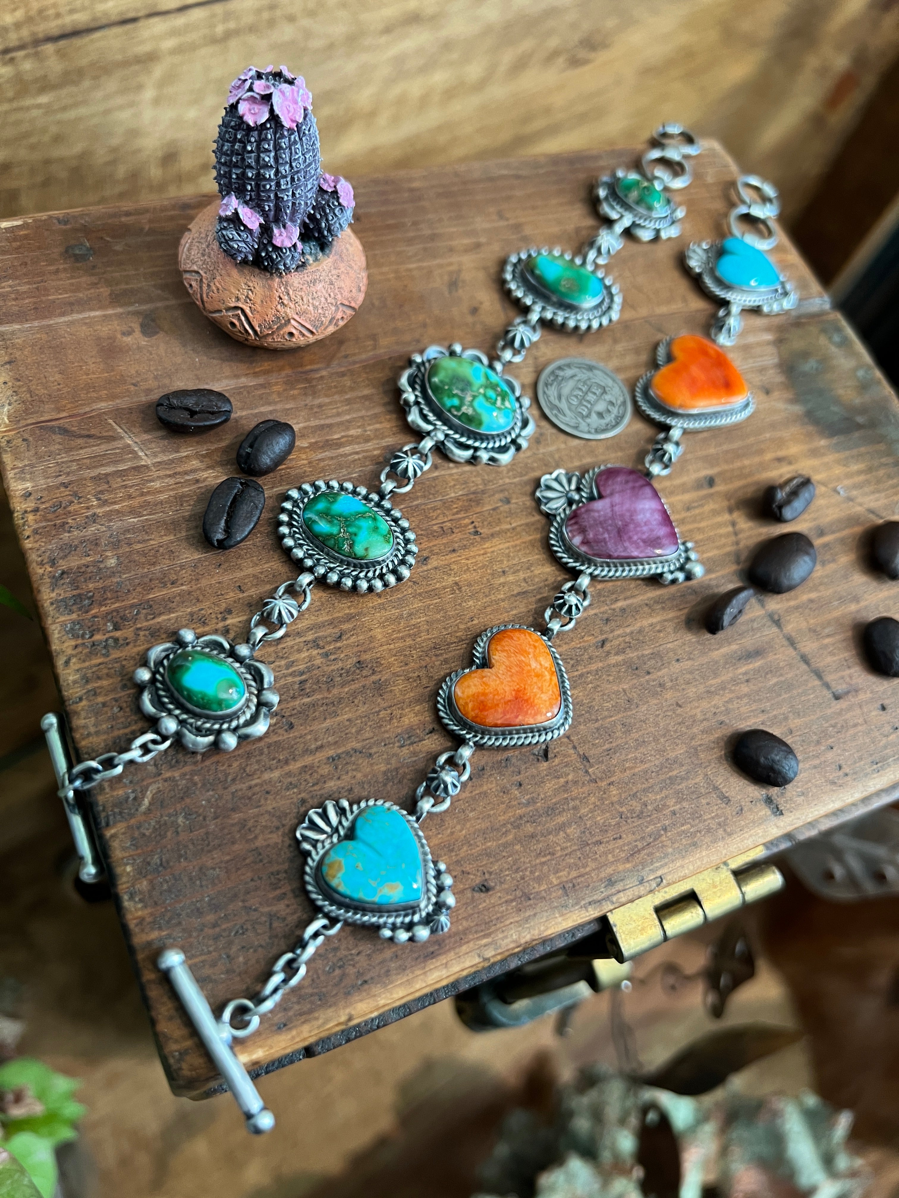 Diane Wylie Handcrafted Sterling Silver, Spiny Oyster & Turquoise Link Bracelets