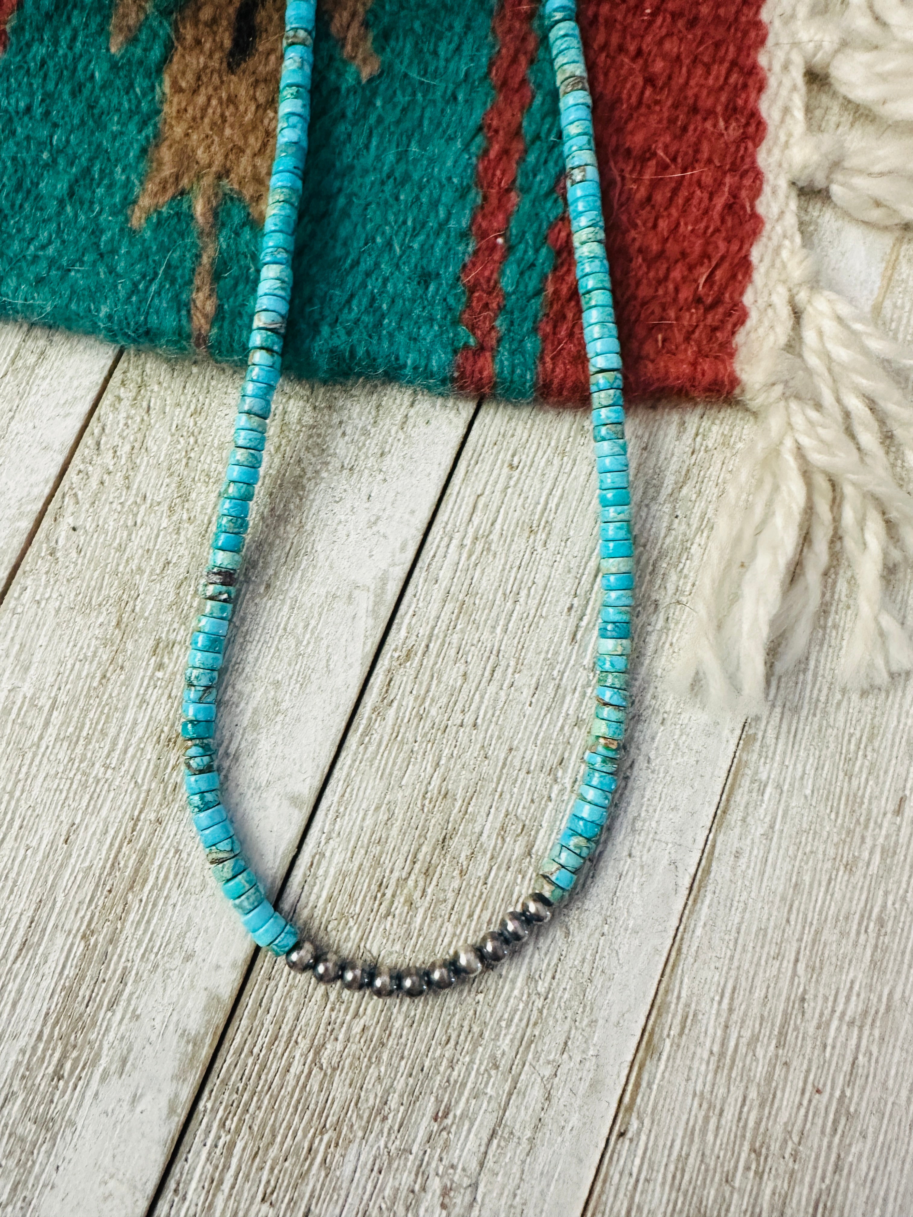 Handcrafted Turquoise & Sterling Silver Pearl Beaded Necklace 18"