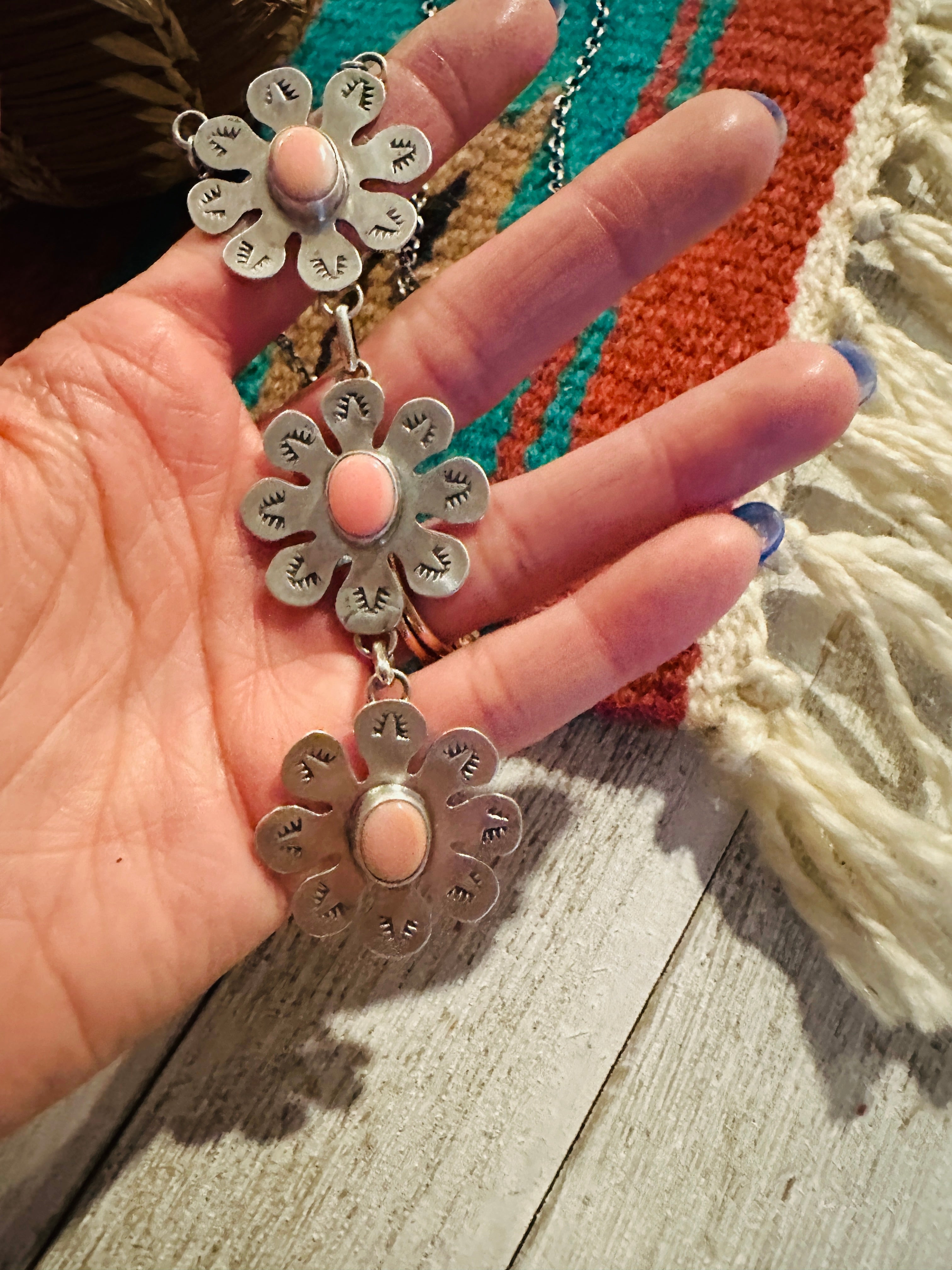 Handcrafted Sterling Silver & Queen Pink Conch Shell Flower Lariat Necklace