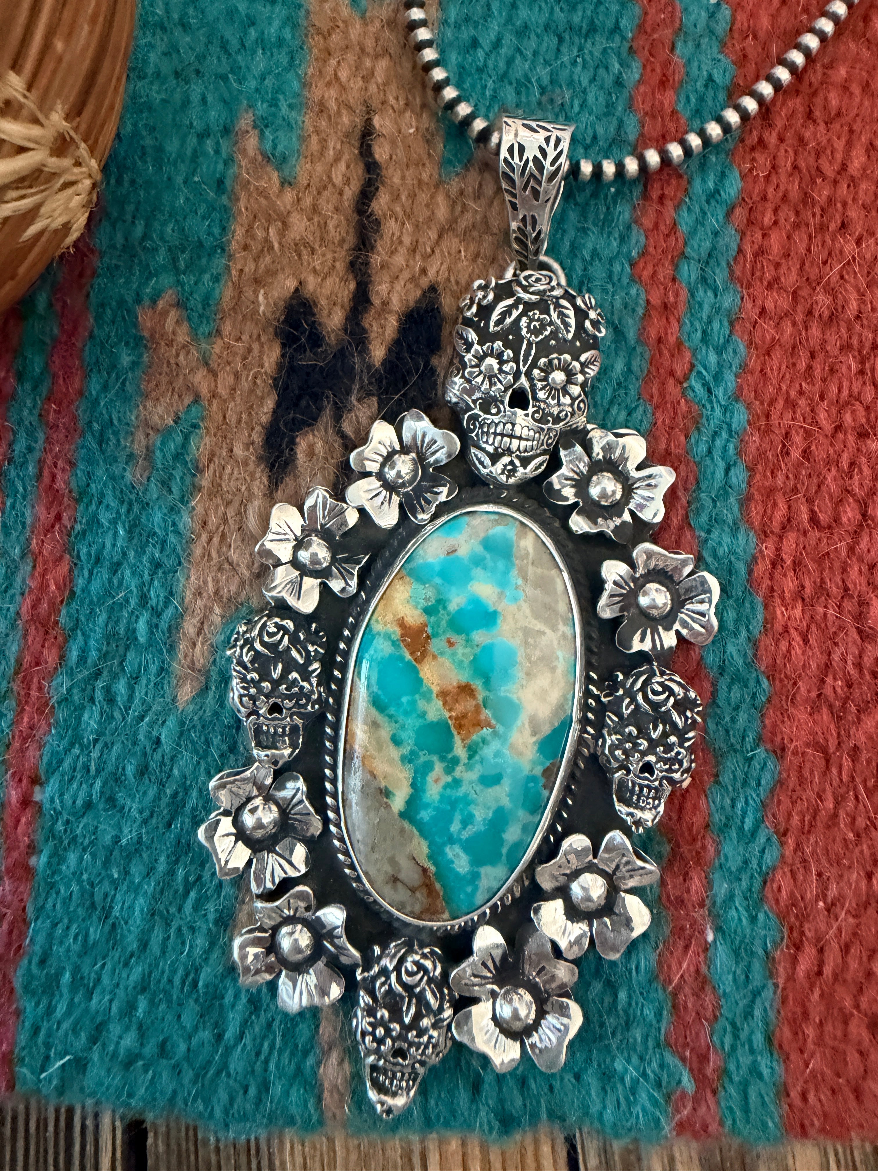 Handmade Sterling Silver & Turquoise Skull Pendant by Jesus Vega