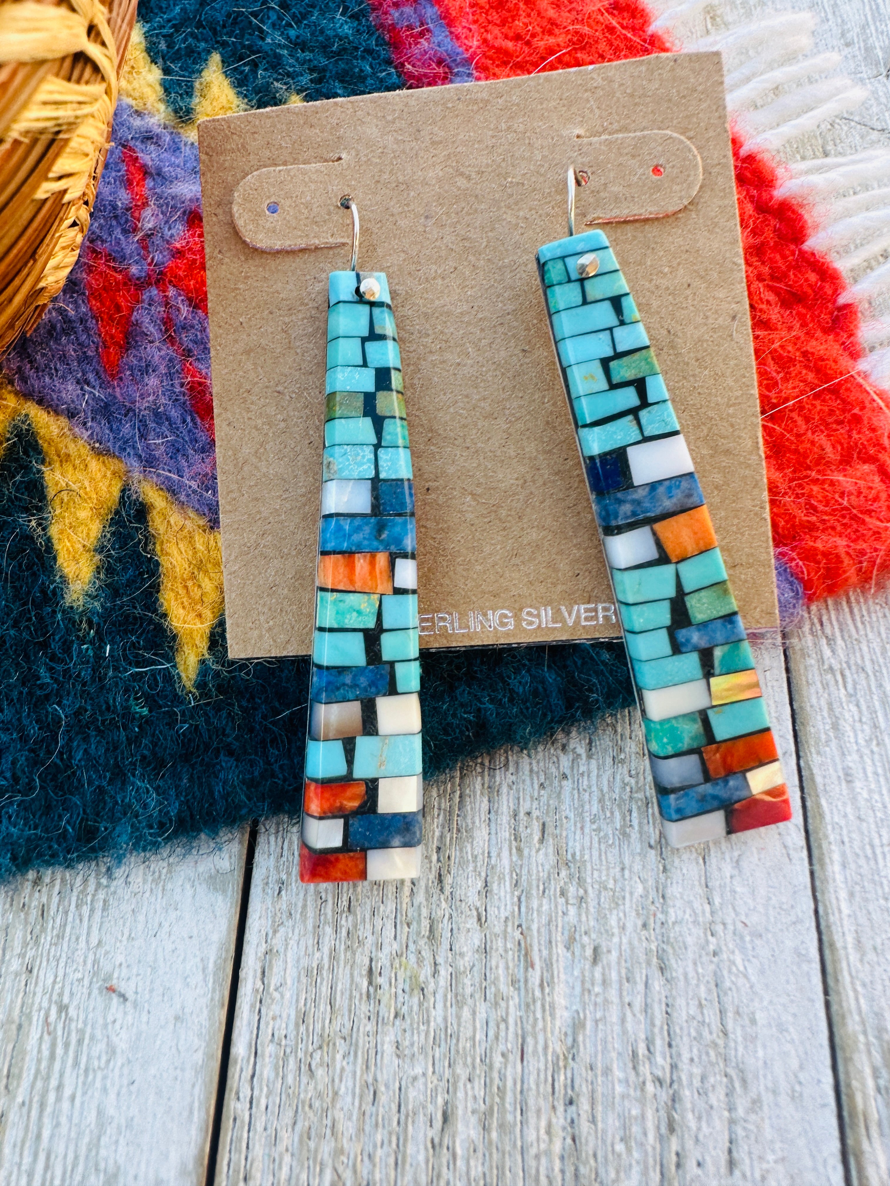 Handcrafted Multi Stone Inlay Shell Dangle Earrings