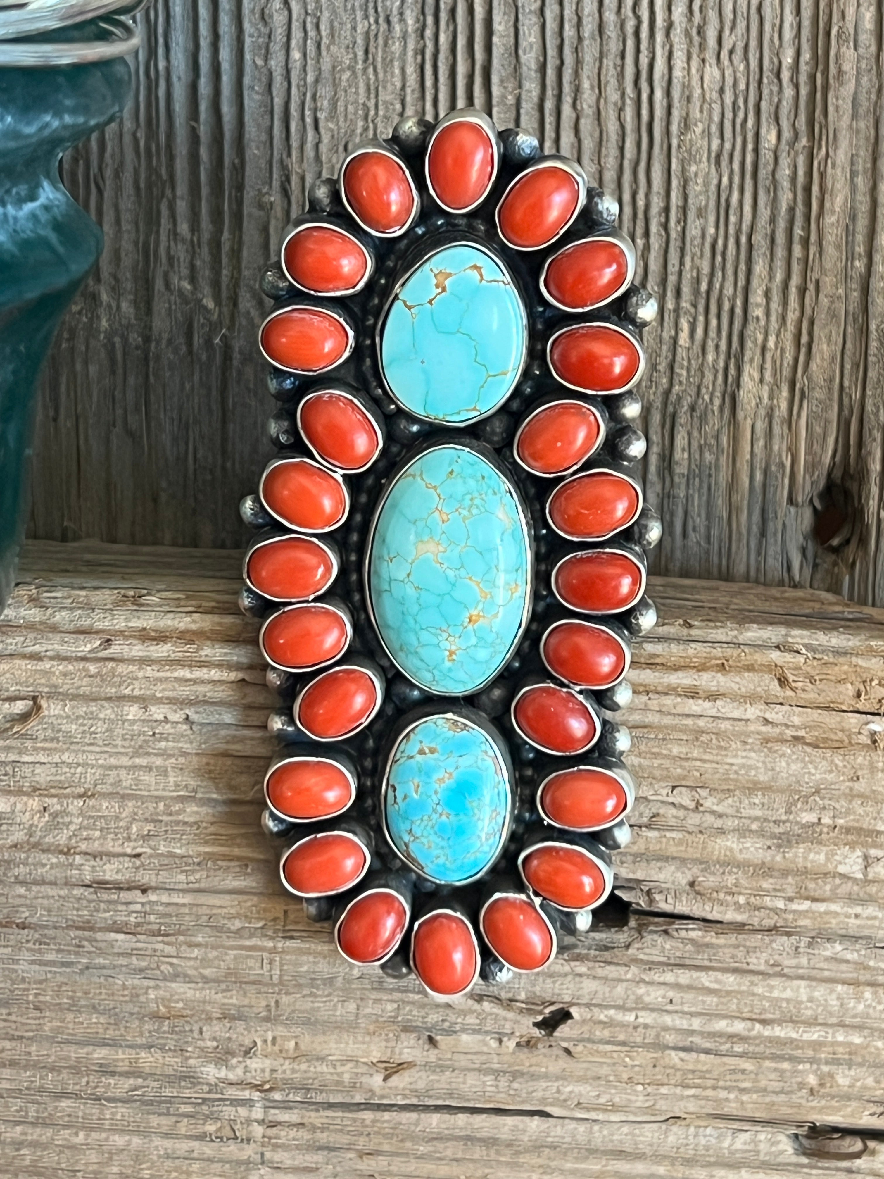 Handcrafted Sterling Silver, Coral and Number 8 Turquoise Ring by Darrin Livingston, Size 9